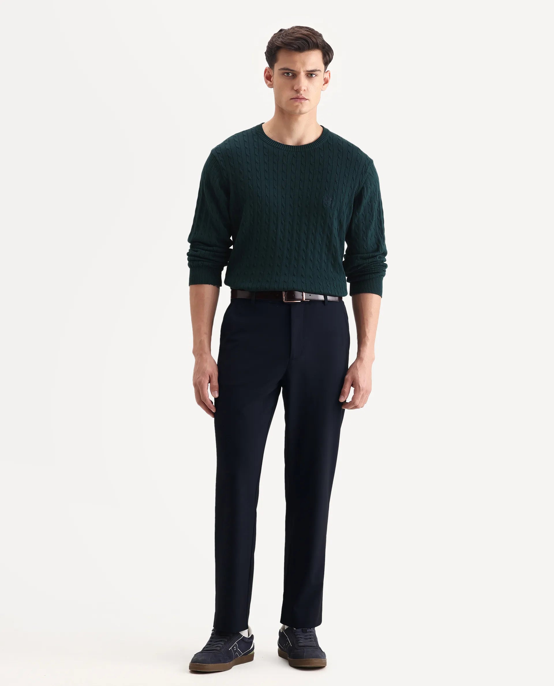 Rare Rabbit Men Kenal Navy Polyester Blend Fabric Button Closure Plain Trouser