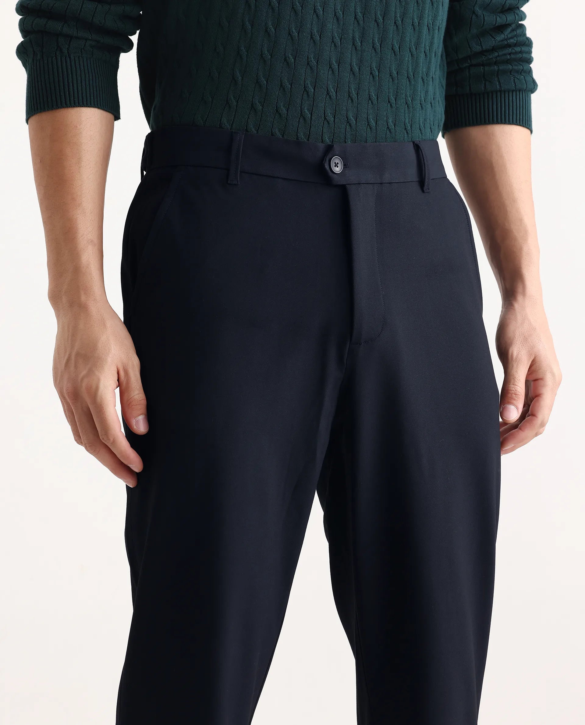 Rare Rabbit Men Kenal Navy Polyester Blend Fabric Button Closure Plain Trouser