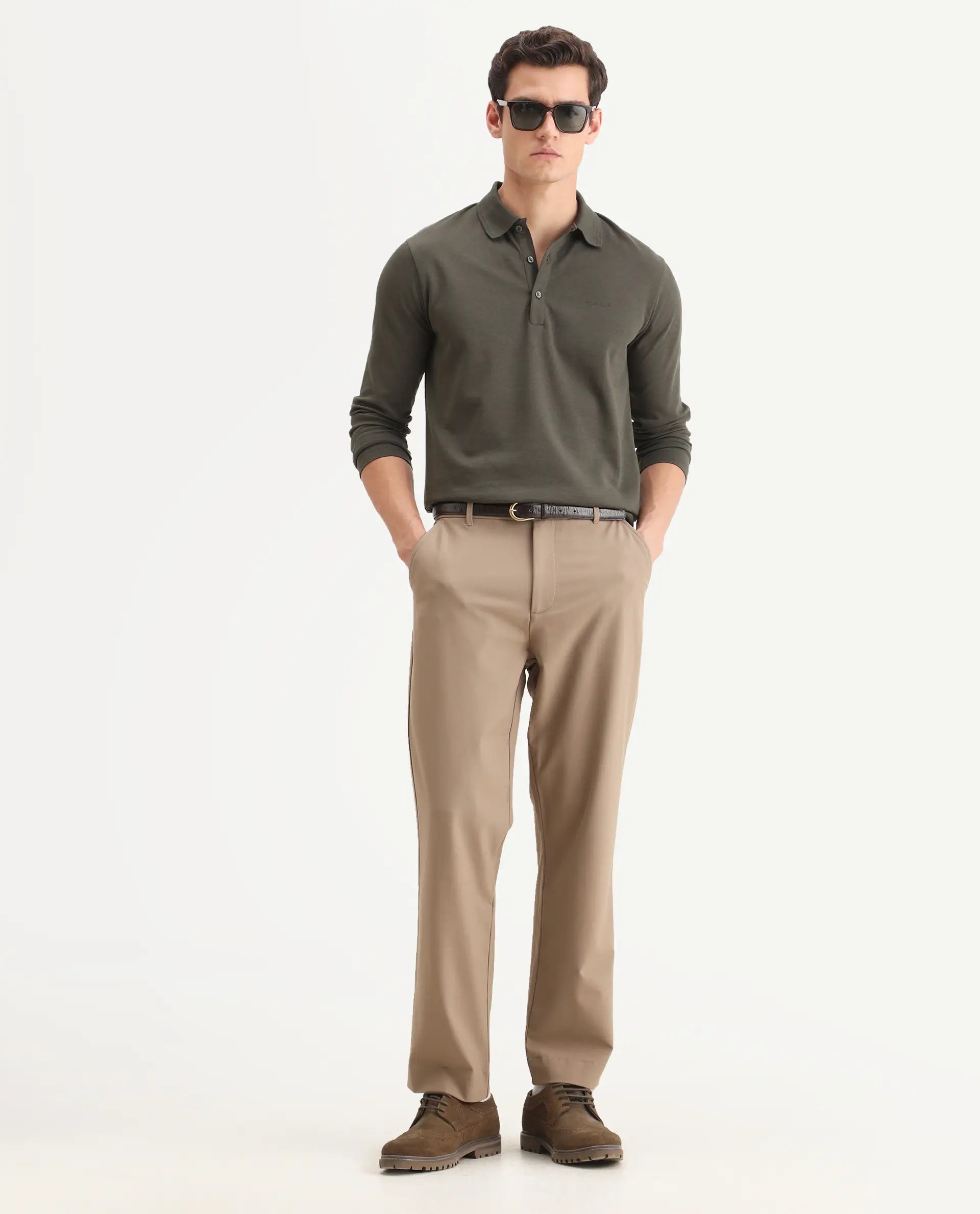 Rare Rabbit Men Kenal Beige Polyester Blend Fabric Button Closure Plain Trouser