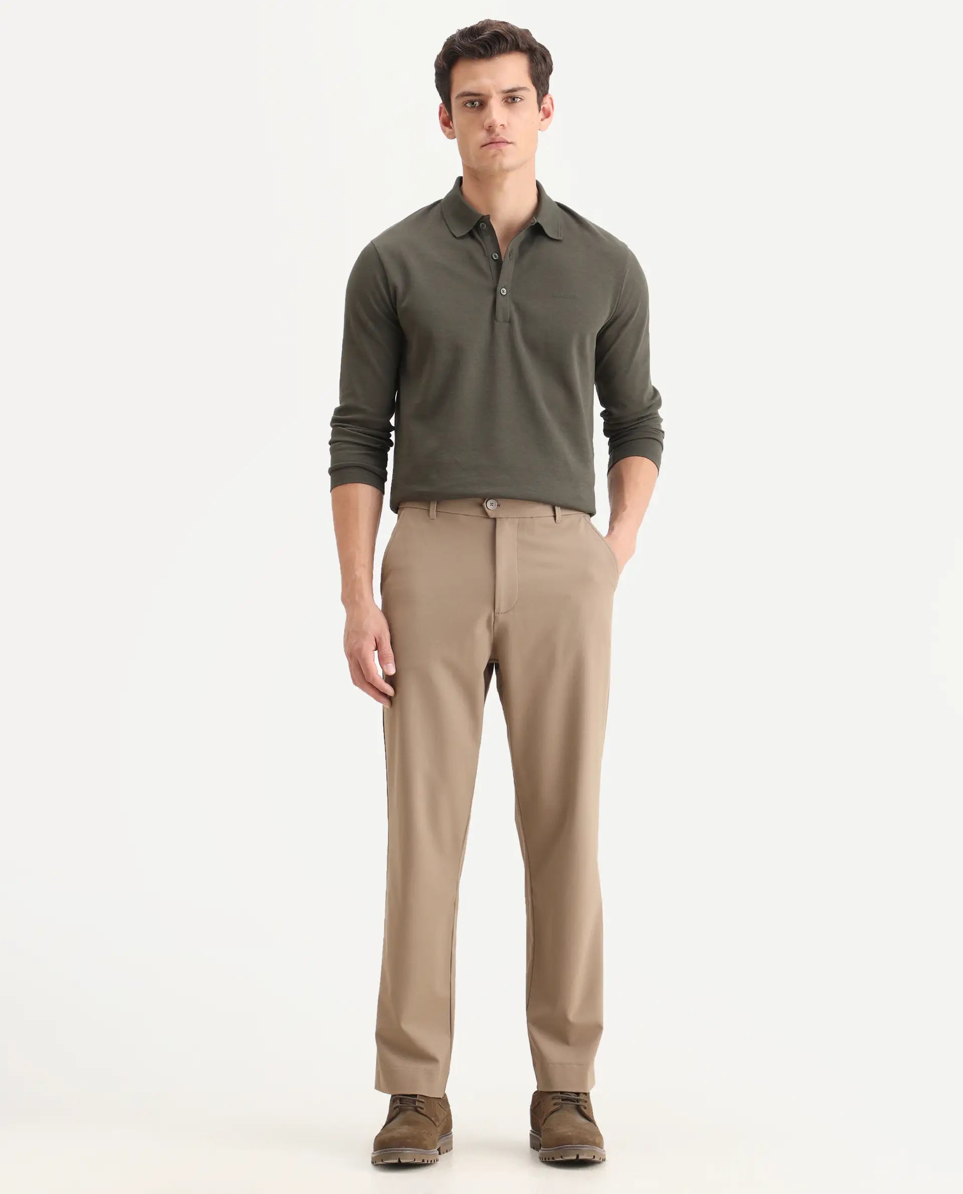 Rare Rabbit Men Kenal Beige Polyester Blend Fabric Button Closure Plain Trouser