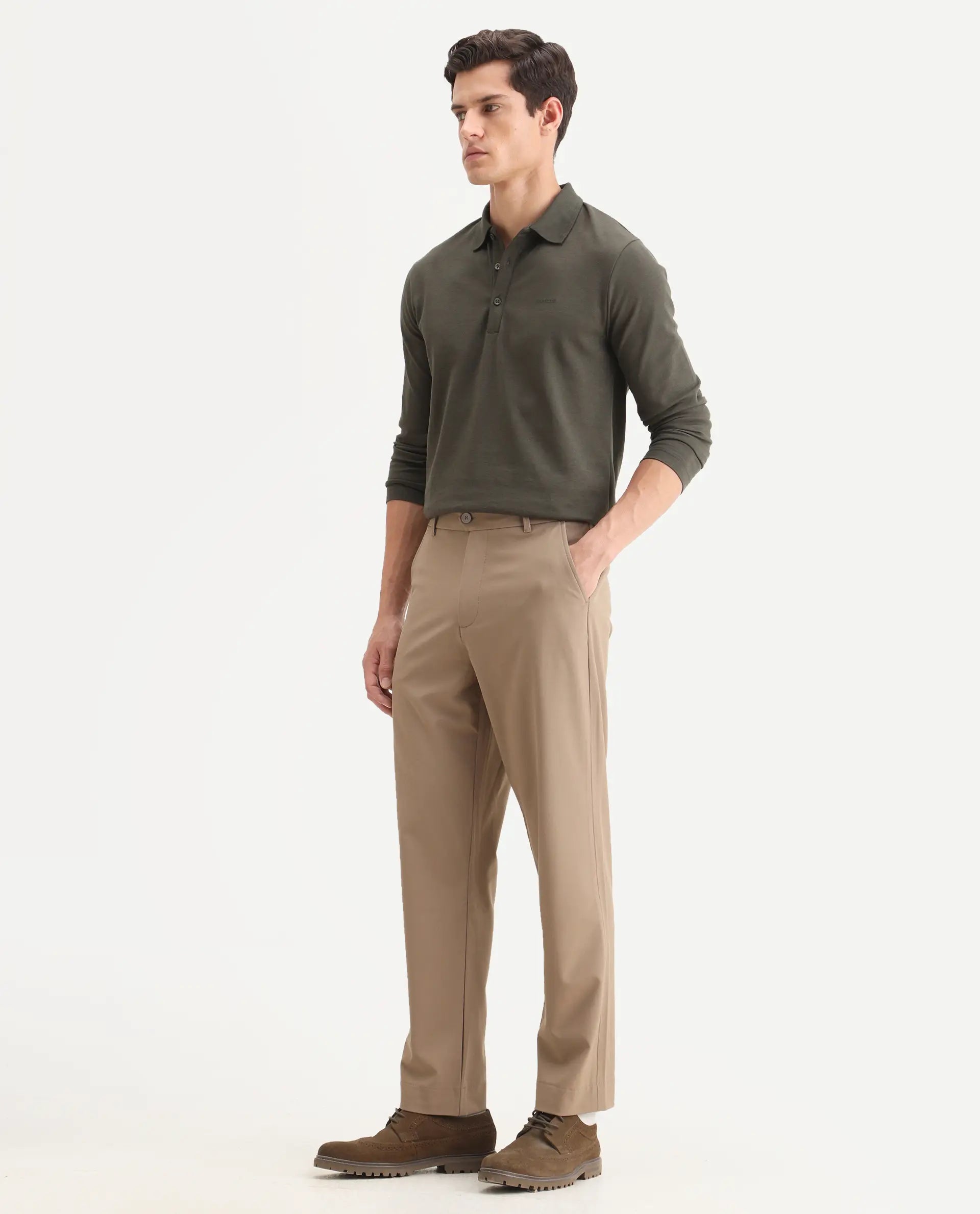Rare Rabbit Men Kenal Beige Polyester Blend Fabric Button Closure Plain Trouser