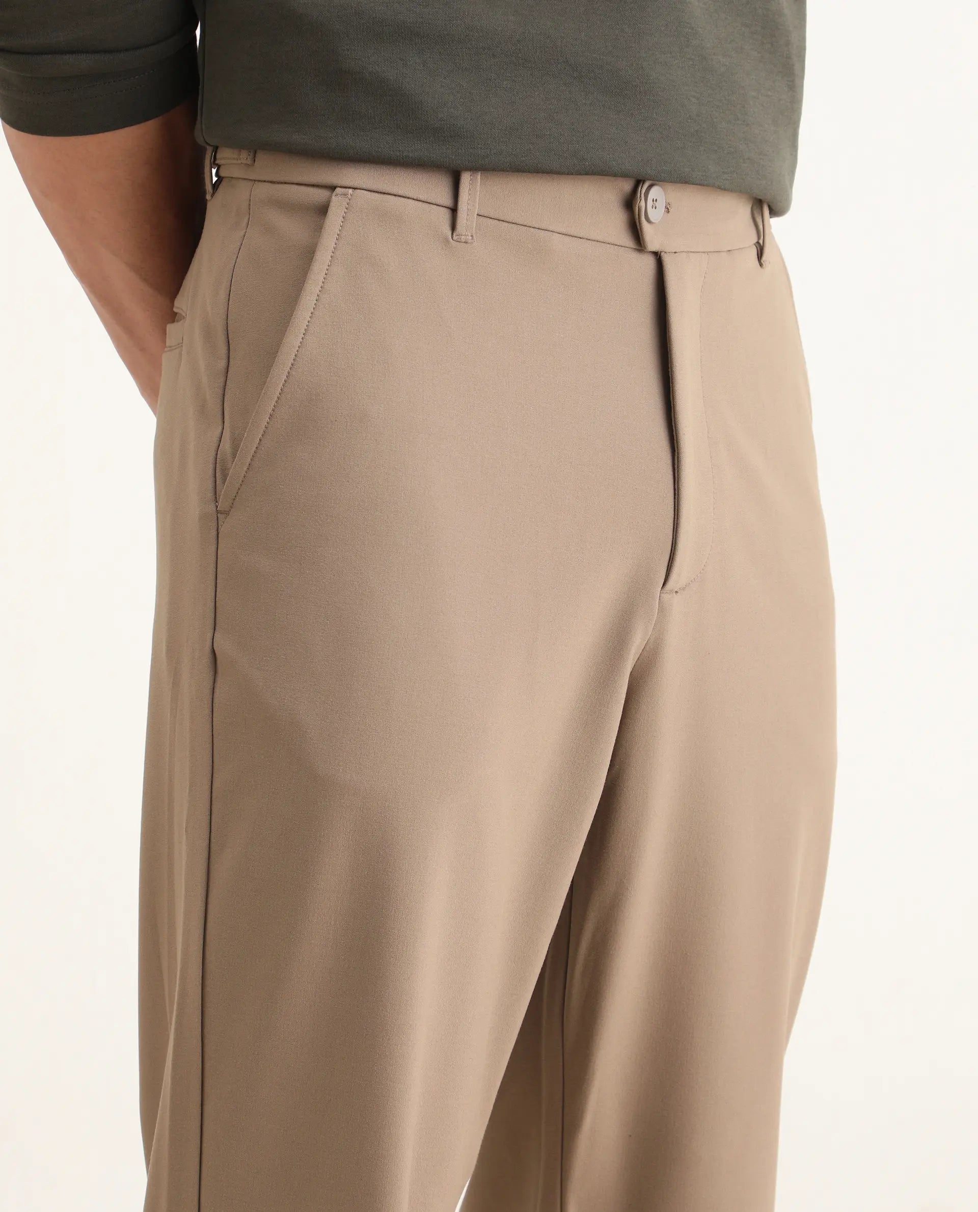 Rare Rabbit Men Kenal Beige Polyester Blend Fabric Button Closure Plain Trouser