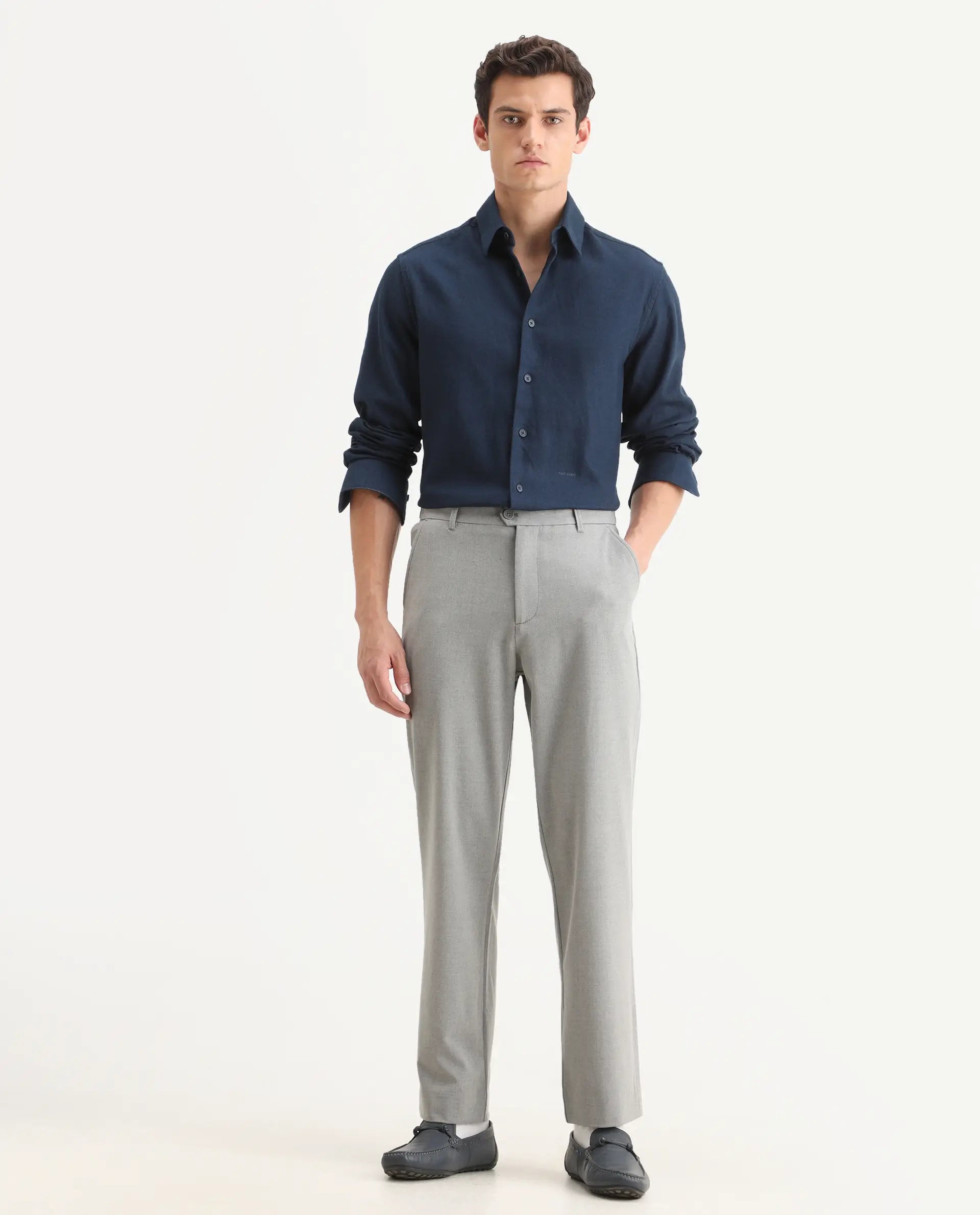 Rare Rabbit Men Kenal Dark Grey Polyester Blend Fabric Button Closure Plain Trouser
