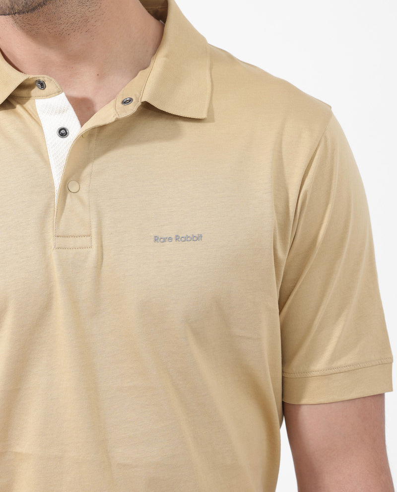 Rare Rabbit Mens Keneth Pastel Brown Short Sleeve Contrast Inner Placket Solid Polo-Tshirt