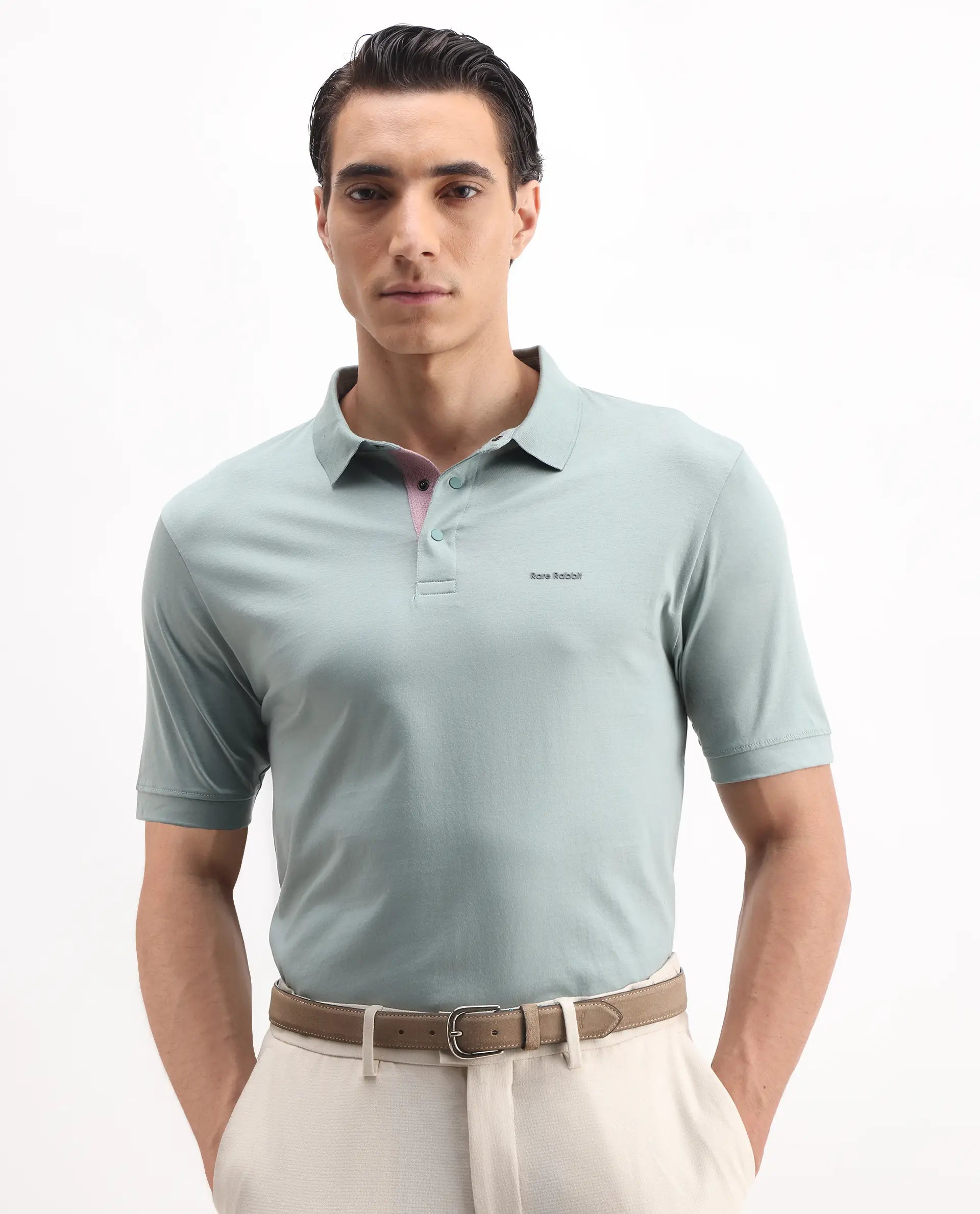 Rare Rabbit Men's Keneth-1 Light Teal Cotton Plain Regular Fit Half Sleeve Polo