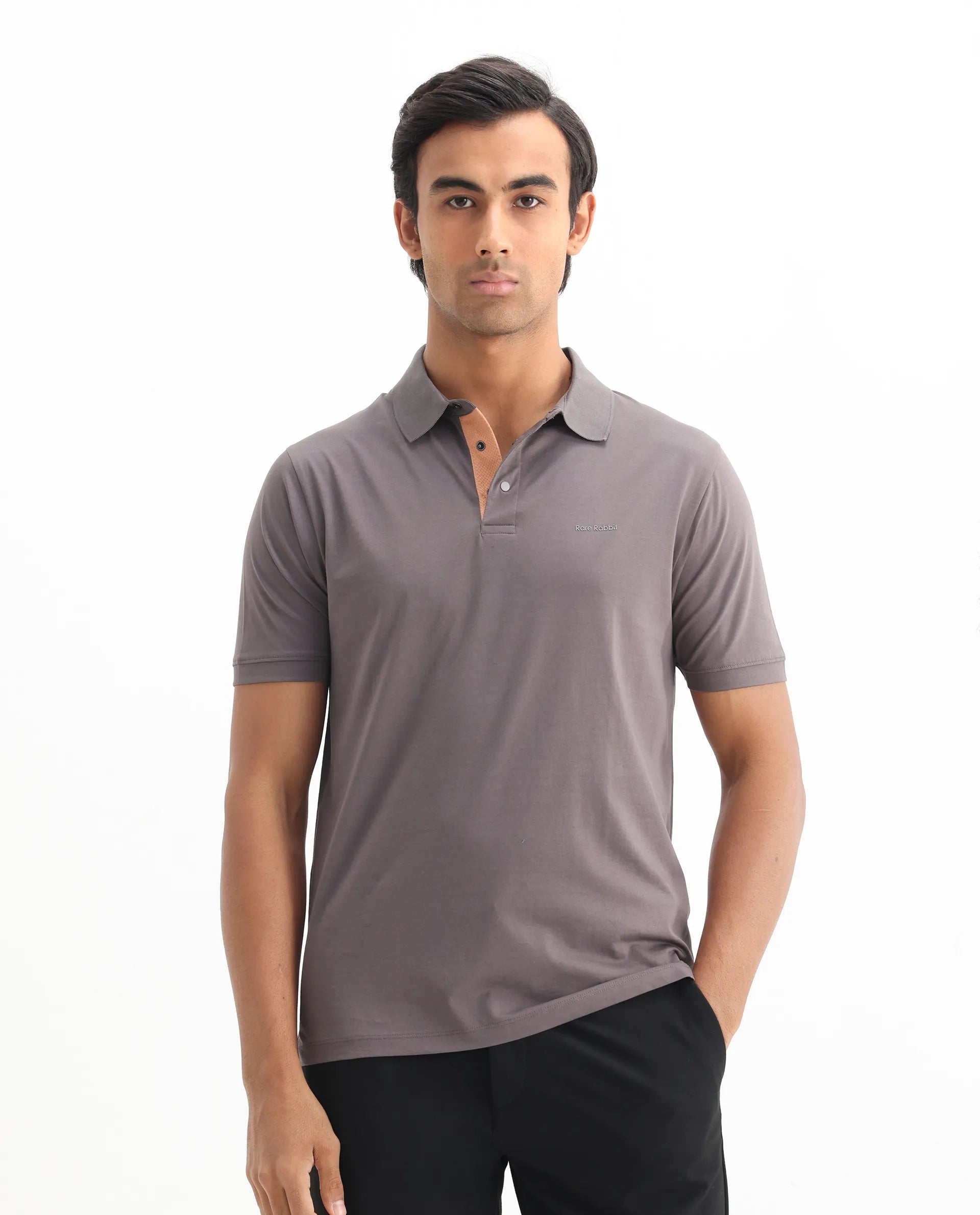 Rare Rabbit Men's Keneth Dusky Purple Cotton Plain Regular Fit Half Sleeve Polo