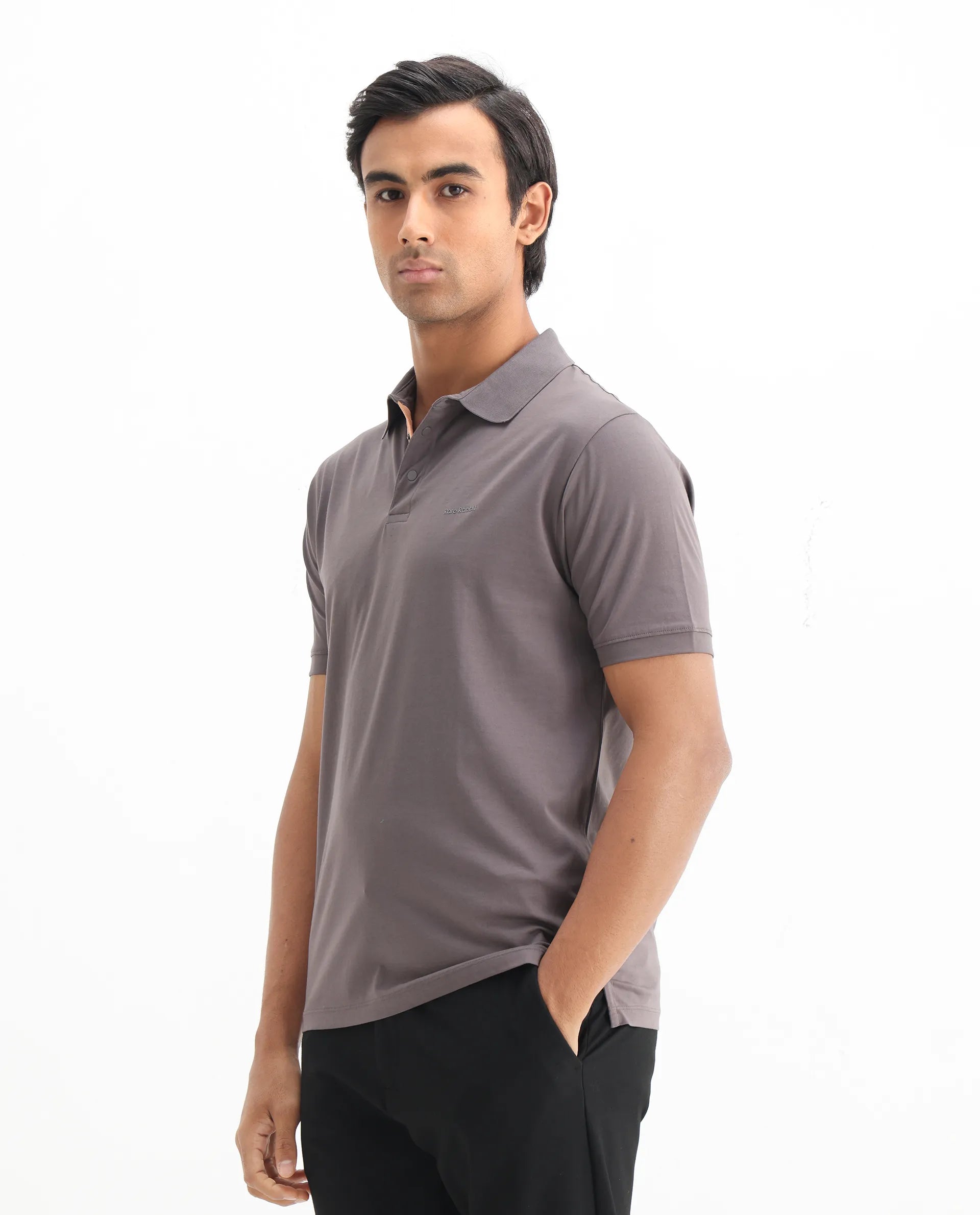 Rare Rabbit Men's Keneth Dusky Purple Cotton Plain Regular Fit Half Sleeve Polo