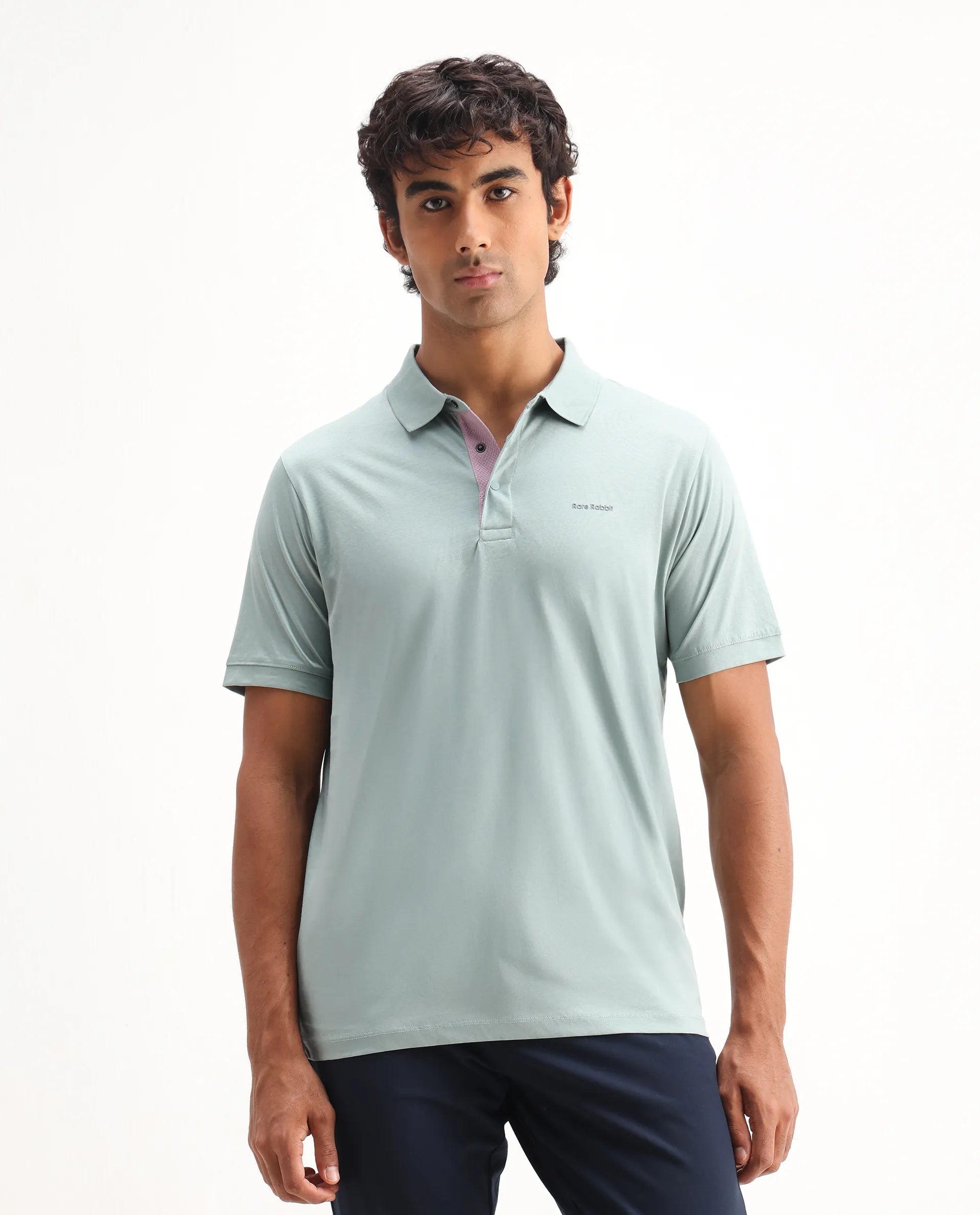 Rare Rabbit Men's Keneth Light Teal Cotton Plain Regular Fit Half Sleeve Polo