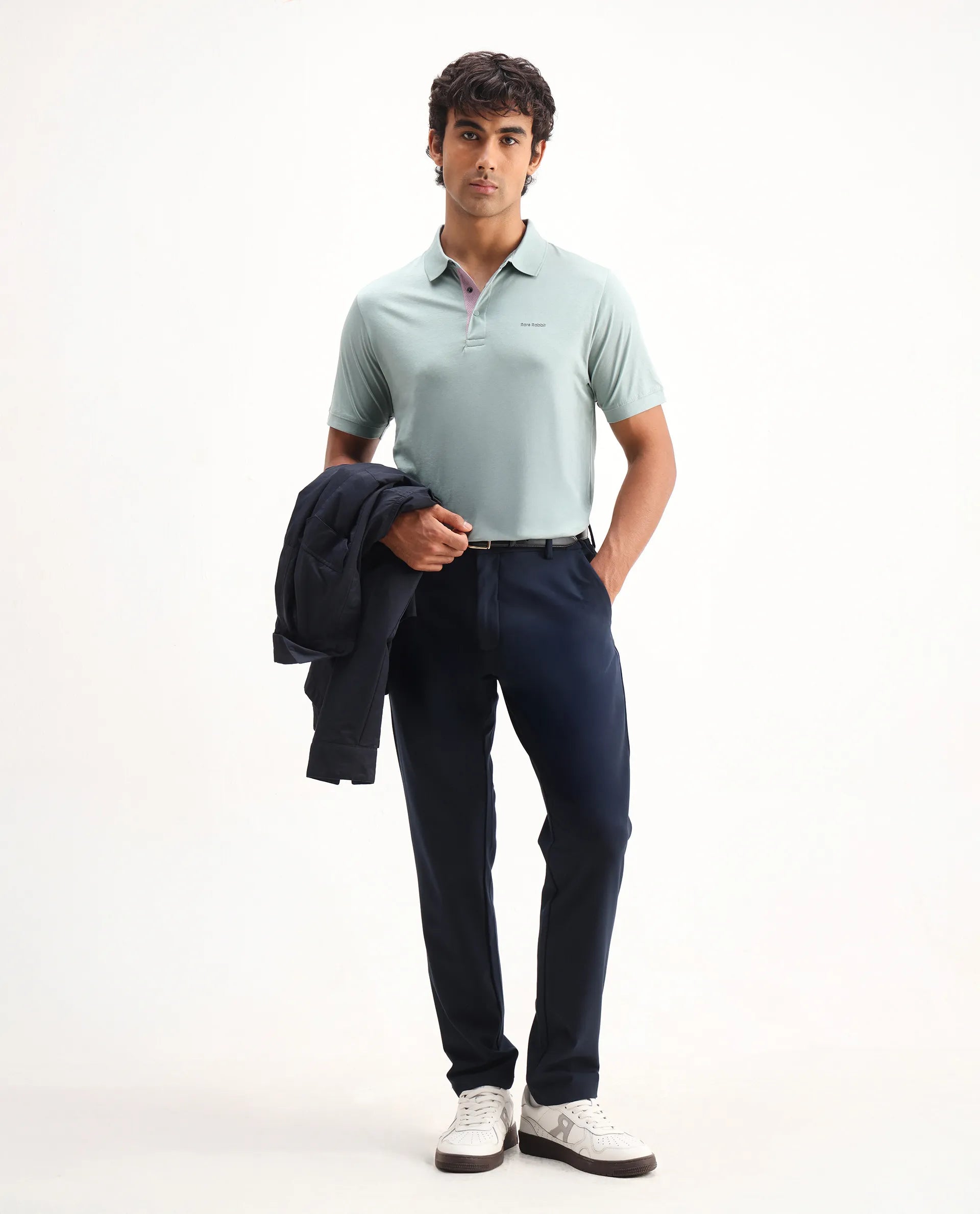 Rare Rabbit Men's Keneth Light Teal Cotton Plain Regular Fit Half Sleeve Polo