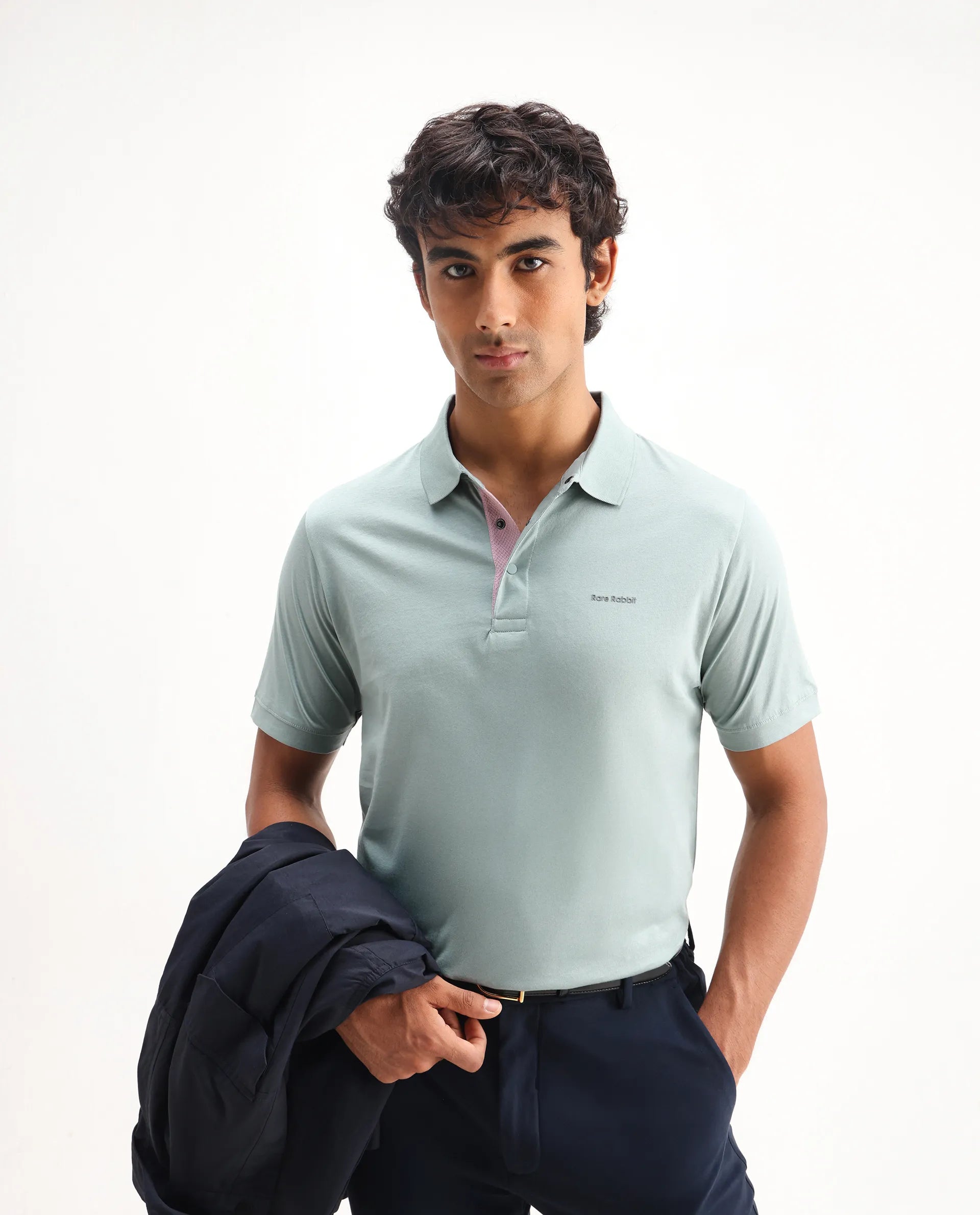 Rare Rabbit Men's Keneth Light Teal Cotton Plain Regular Fit Half Sleeve Polo