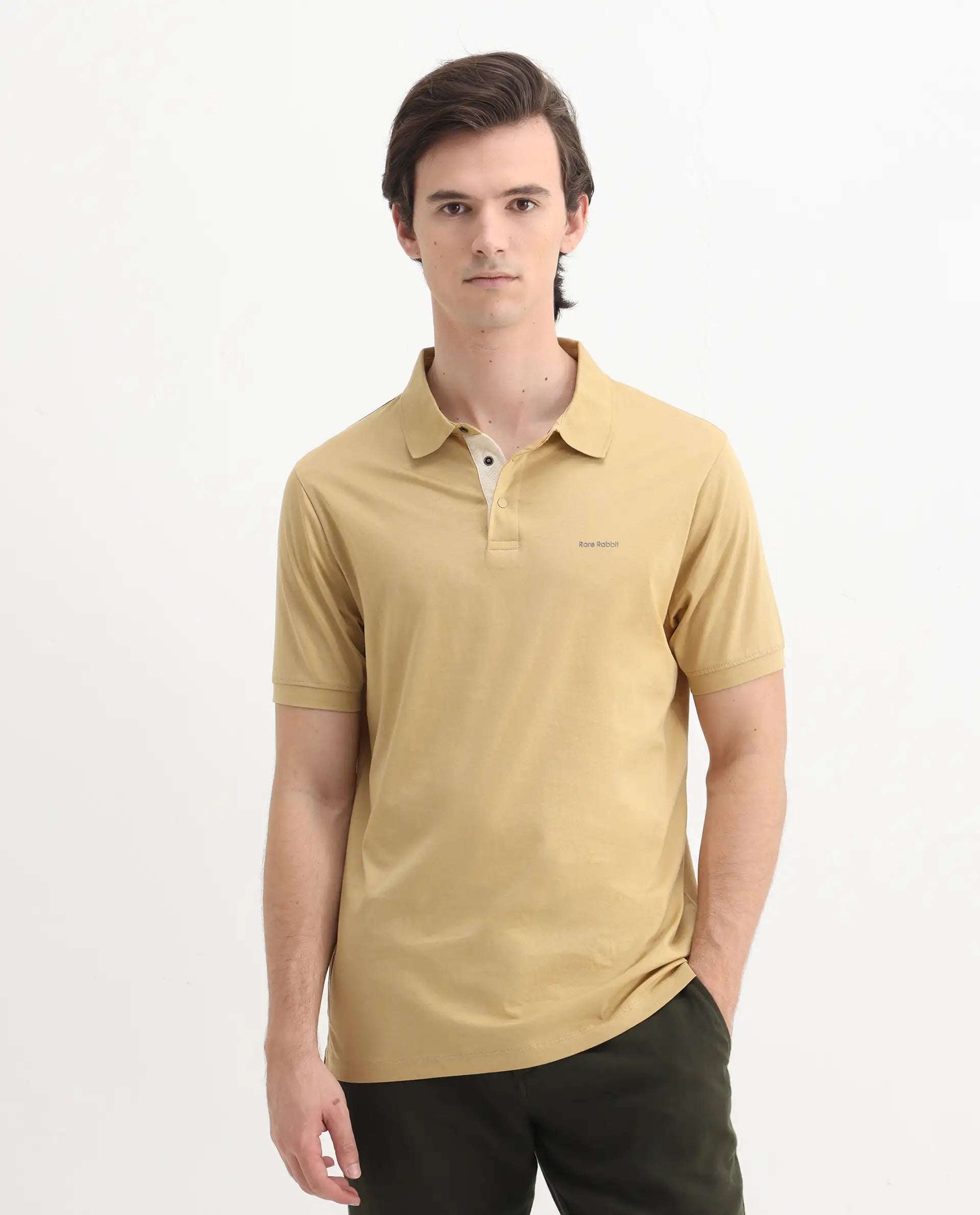 Rare Rabbit Men's Keneth Pastel Brown Cotton Plain Regular Fit Half Sleeve Polo