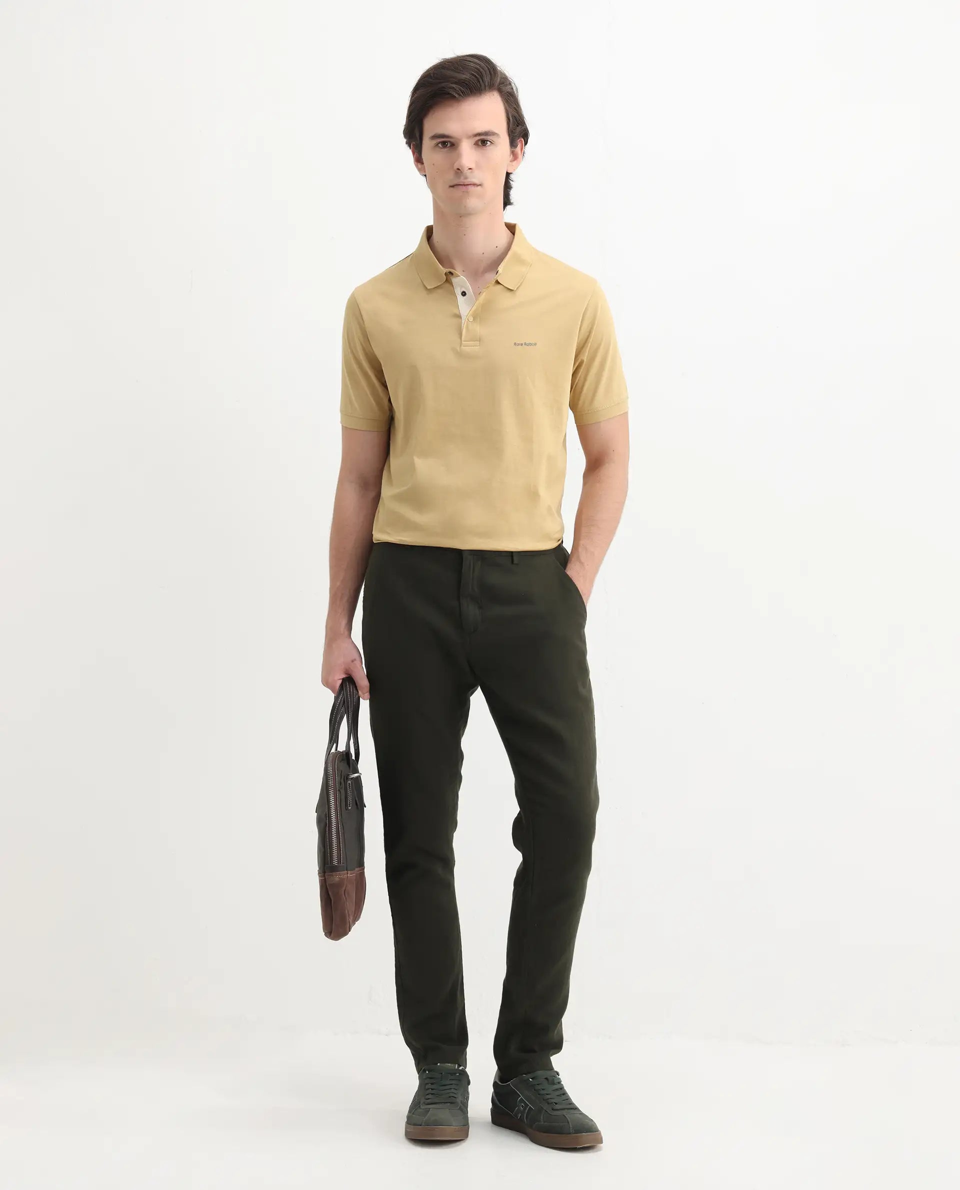 Rare Rabbit Men's Keneth Pastel Brown Cotton Plain Regular Fit Half Sleeve Polo