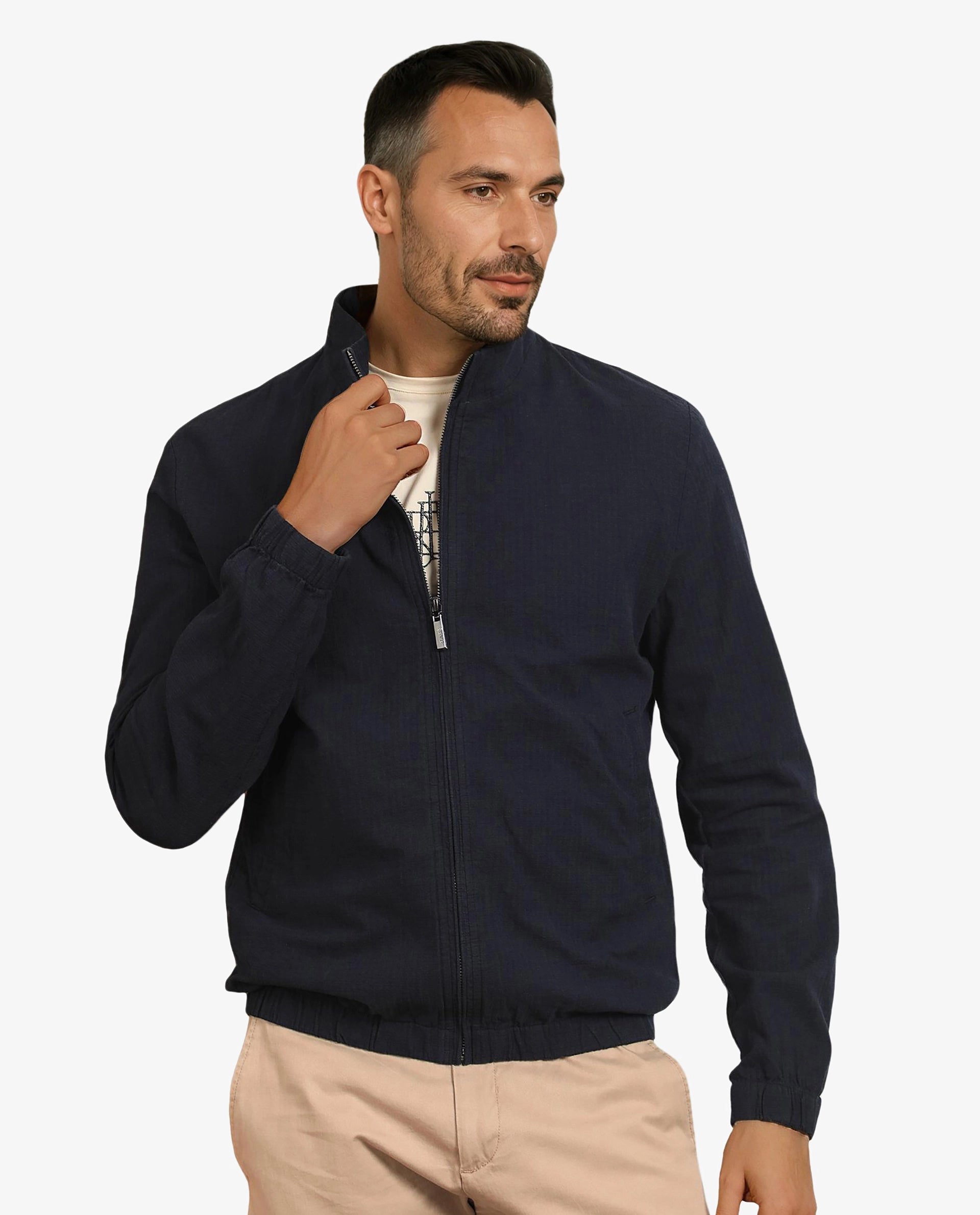 Rare Rabbit Men's Kenny Navy Plain Seersucker Smart Jacket