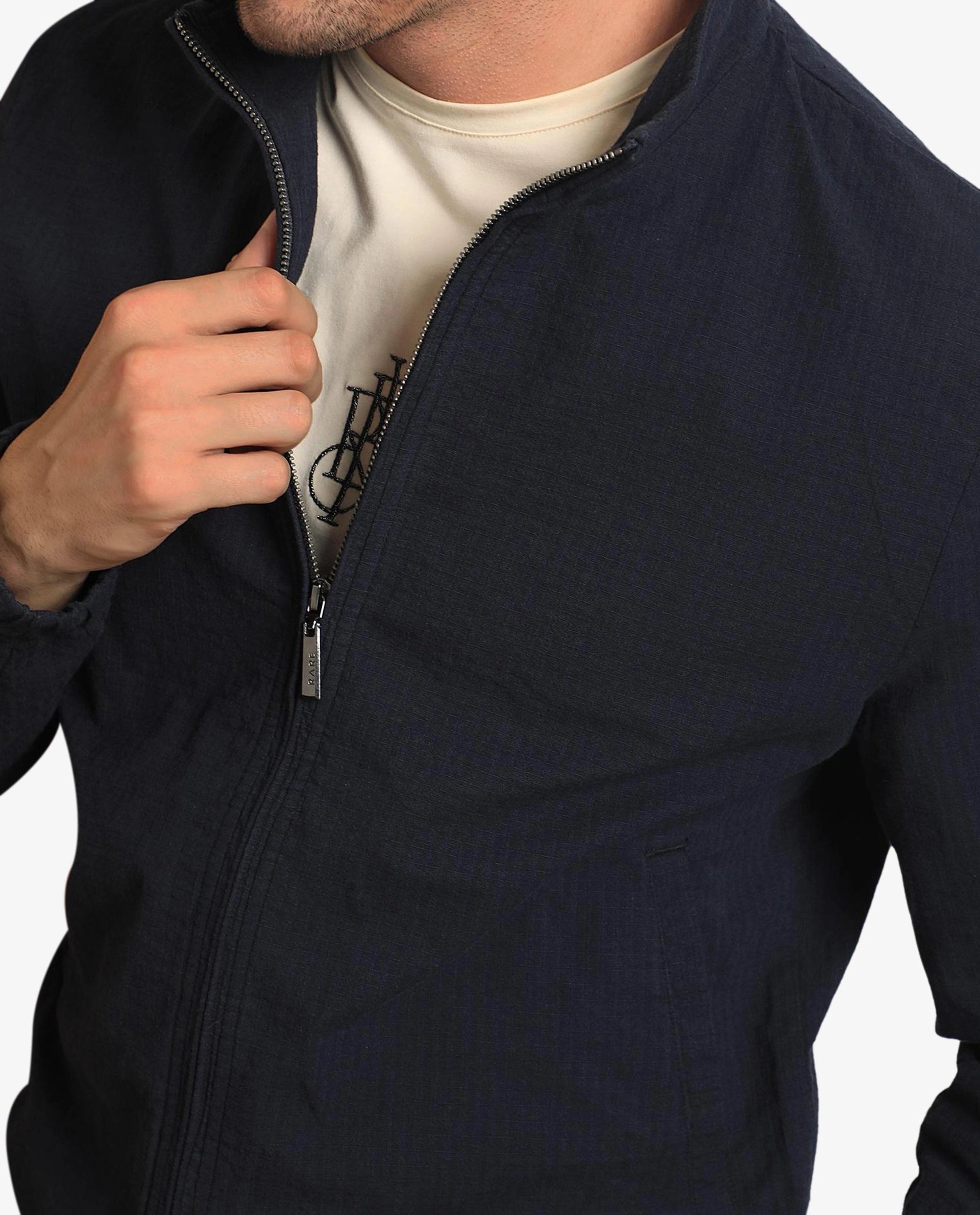 Rare Rabbit Men's Kenny Navy Plain Seersucker Smart Jacket