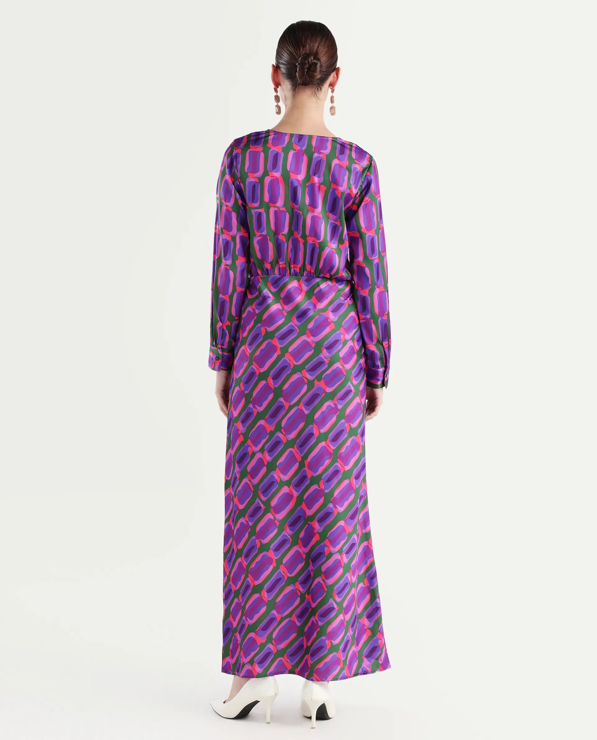 Rareism Women's Kenra Purple Polyester Collarless Geometric Print Maxi Relaxed Fit Dress