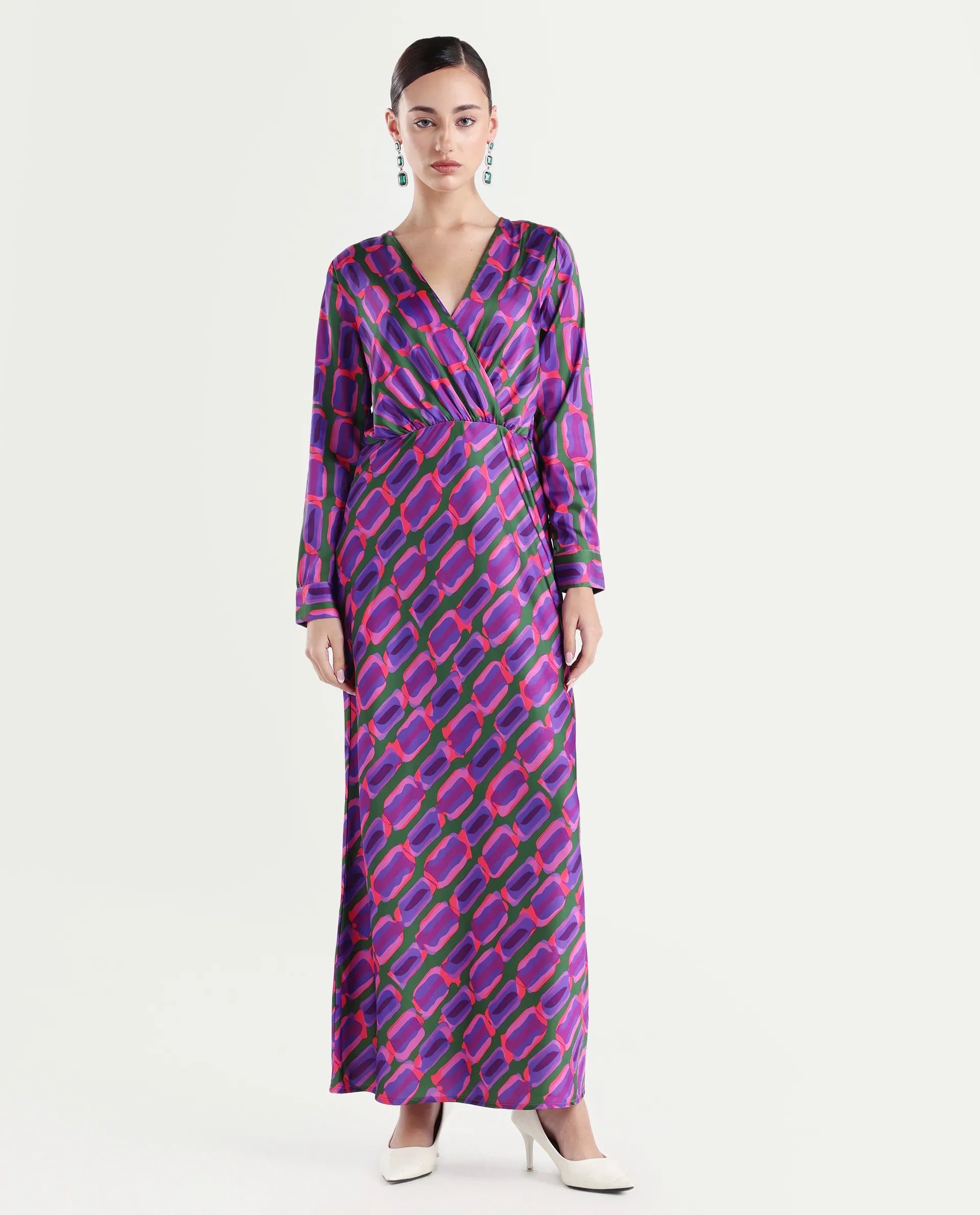 Rareism Women's Kenra Purple Polyester Collarless Geometric Print Maxi Relaxed Fit Dress