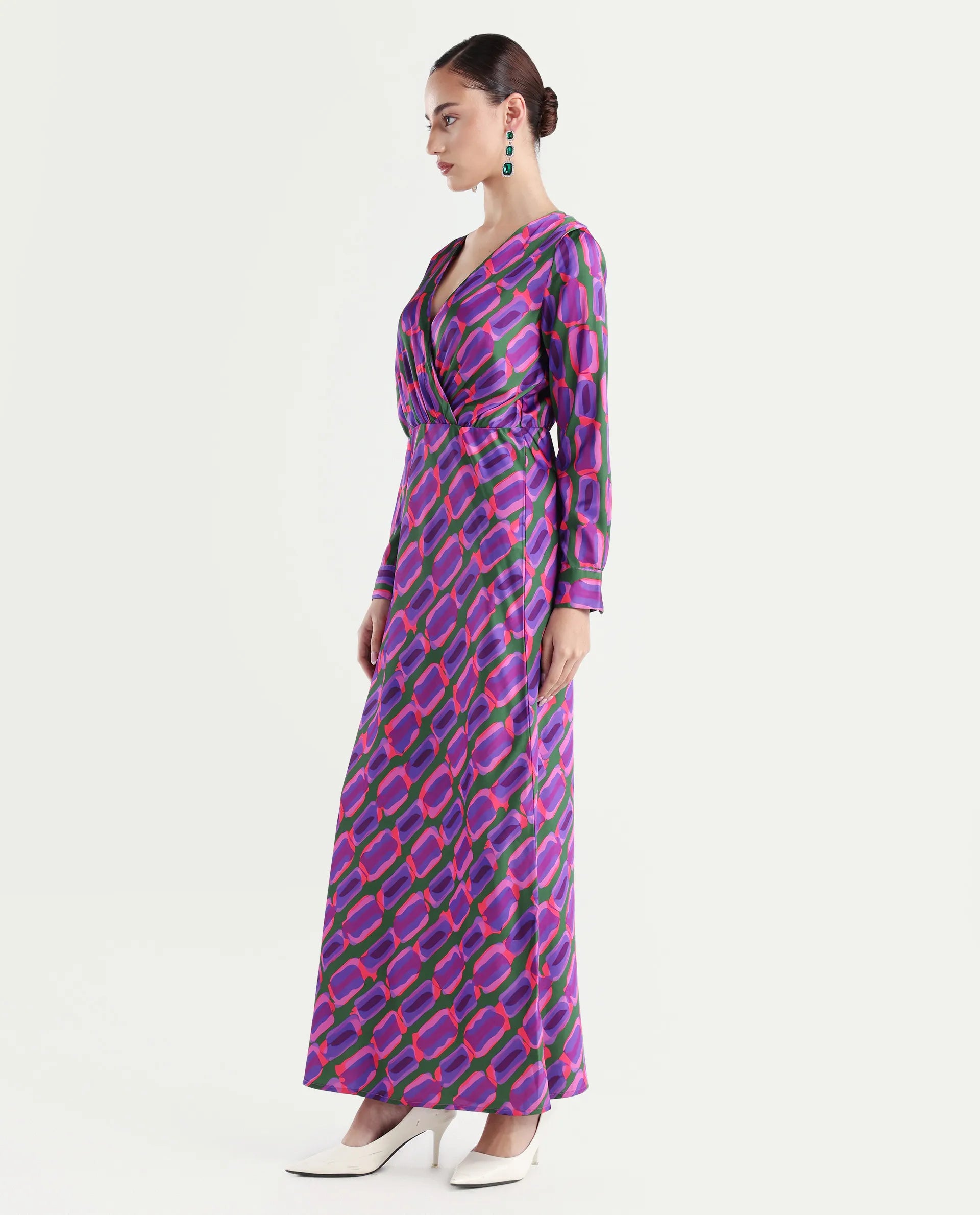 Rareism Women's Kenra Purple Polyester Collarless Geometric Print Maxi Relaxed Fit Dress