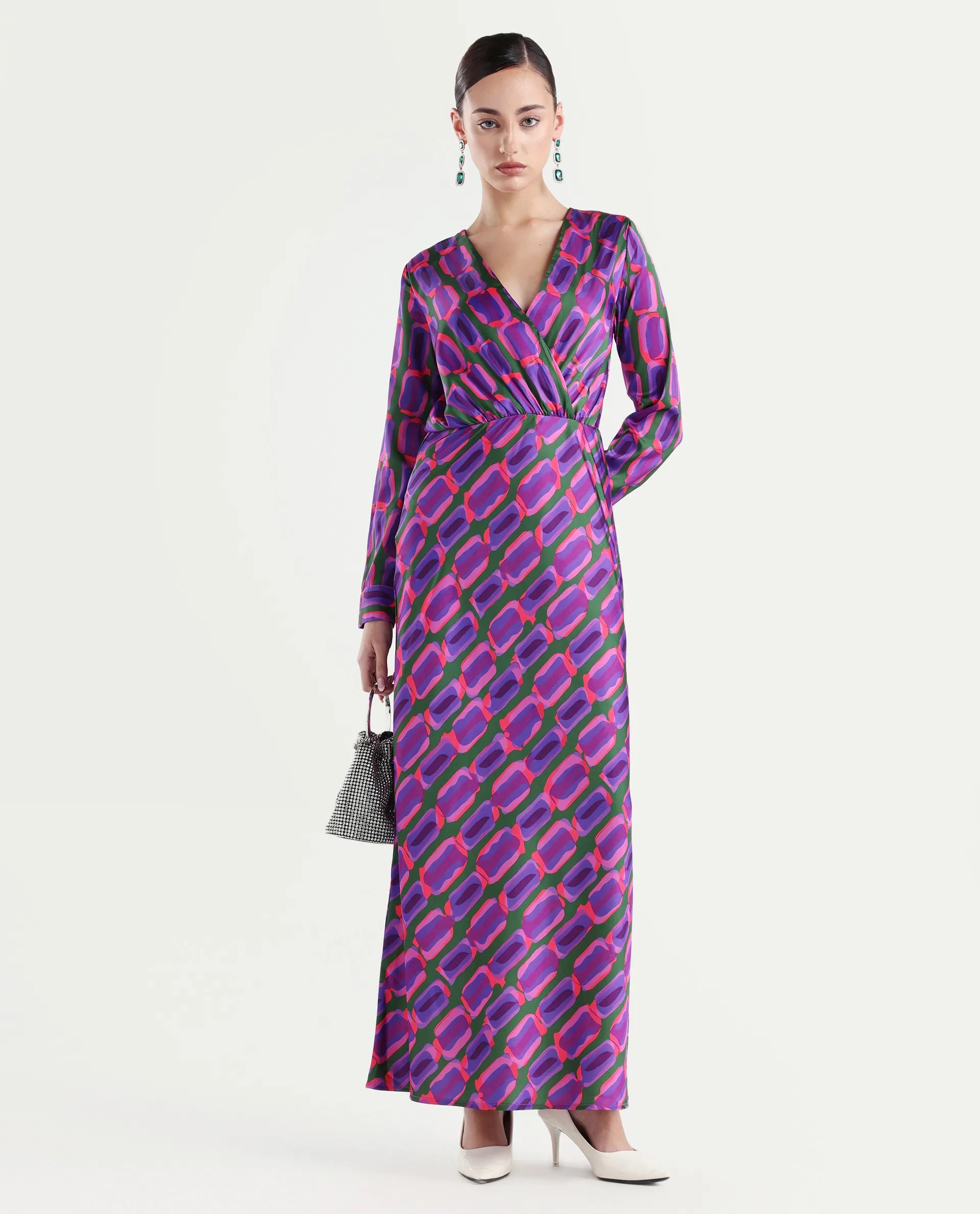 Rareism Women's Kenra Purple Polyester Collarless Geometric Print Maxi Relaxed Fit Dress