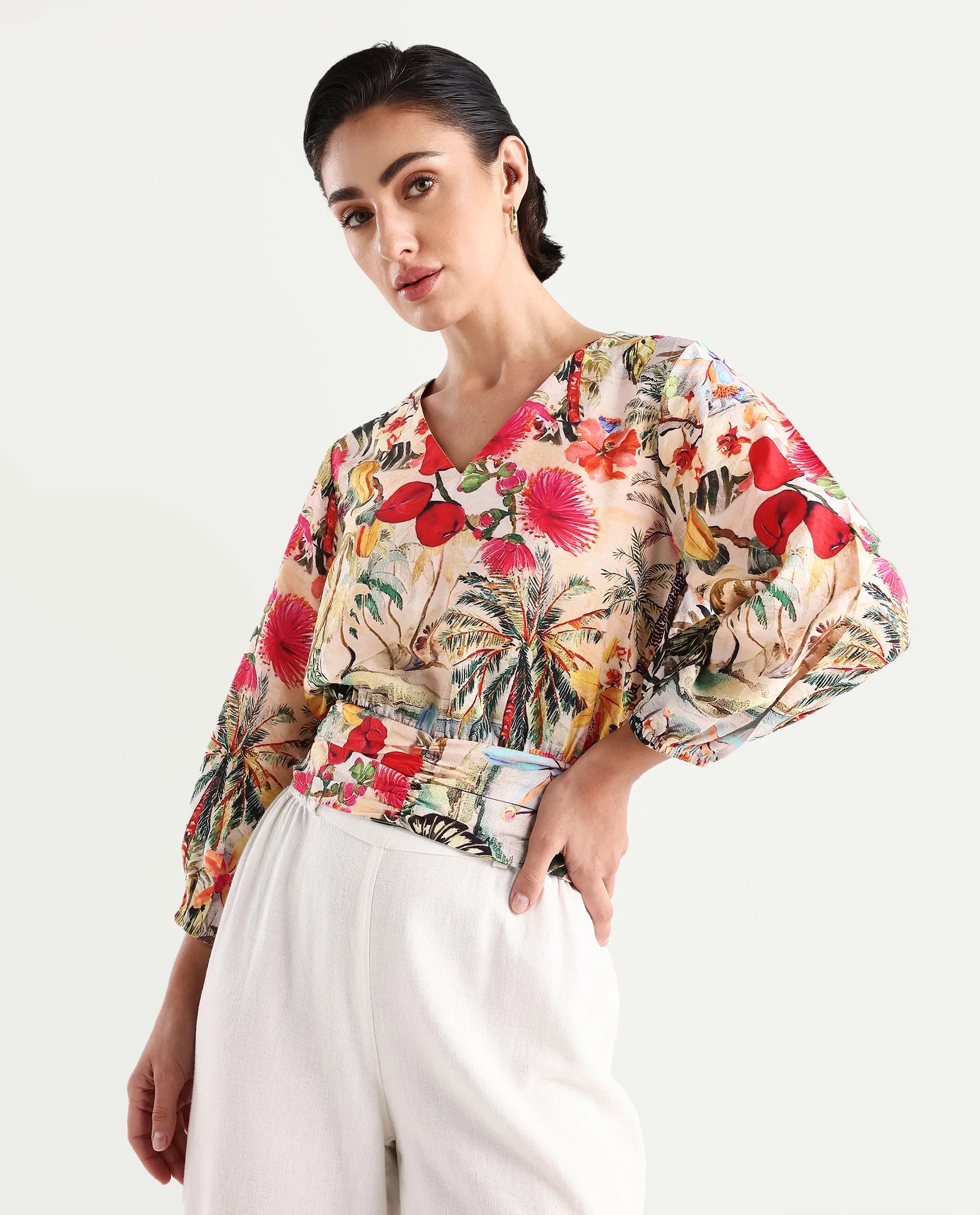 Rareism Women's Kenro Multi Nylon Blend V-Neck Tropical Print Bell Sleeve Crop Regular Fit Top