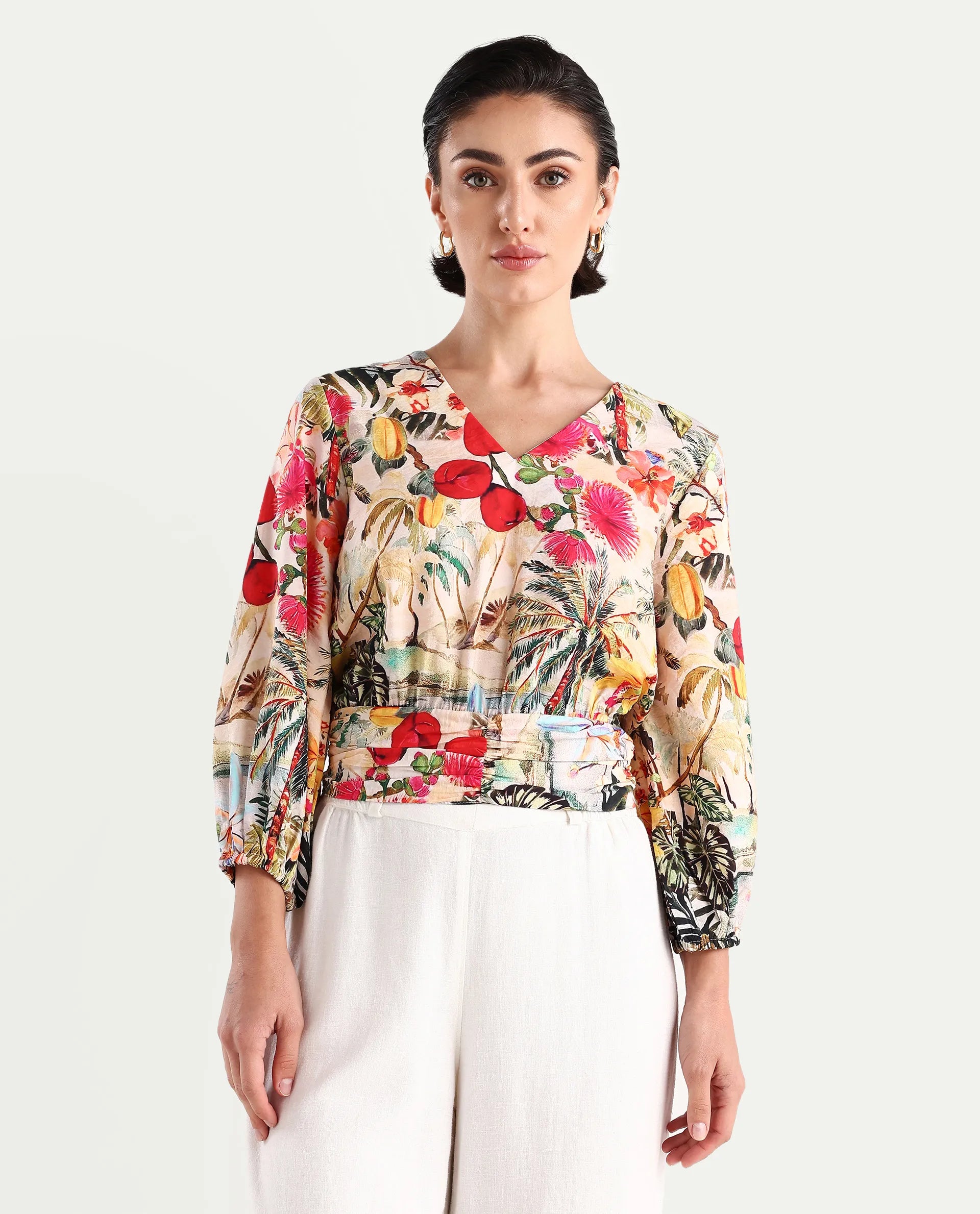 Rareism Women's Kenro Multi Nylon Blend V-Neck Tropical Print Bell Sleeve Crop Regular Fit Top