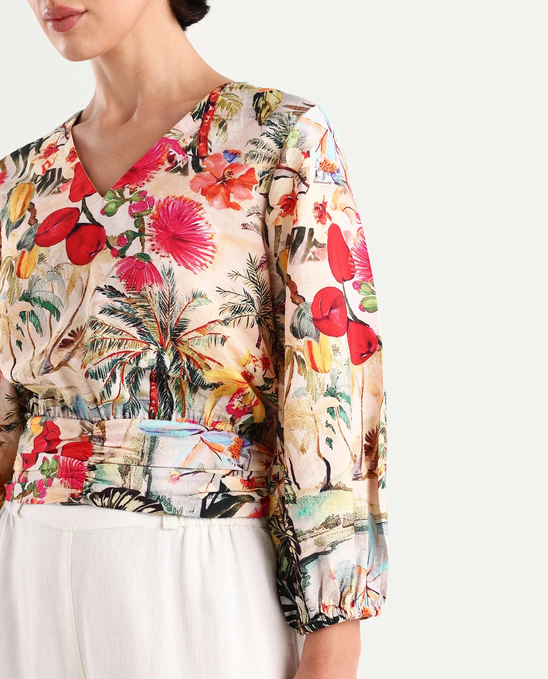 Rareism Women's Kenro Multi Nylon Blend V-Neck Tropical Print Bell Sleeve Crop Regular Fit Top