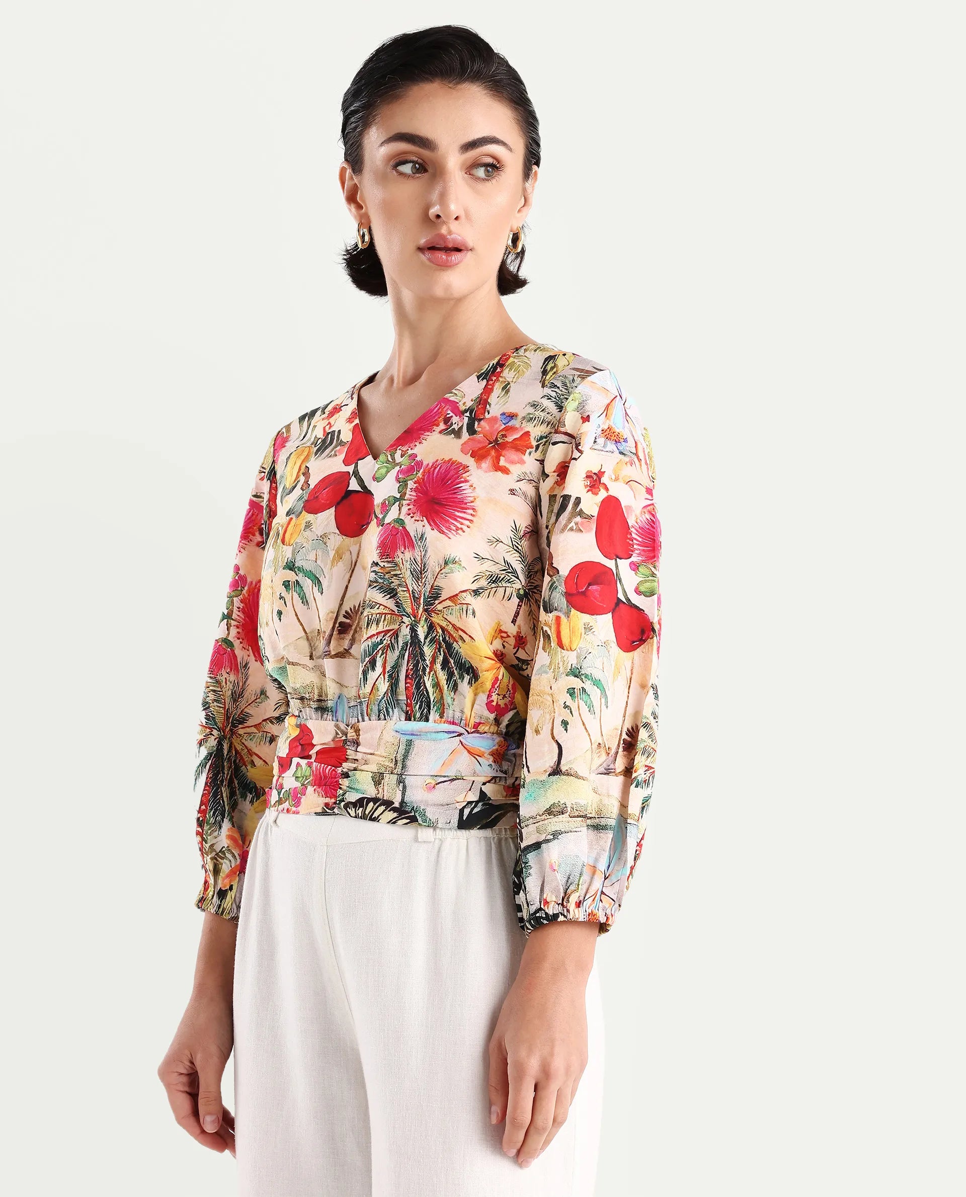 Rareism Women's Kenro Multi Nylon Blend V-Neck Tropical Print Bell Sleeve Crop Regular Fit Top