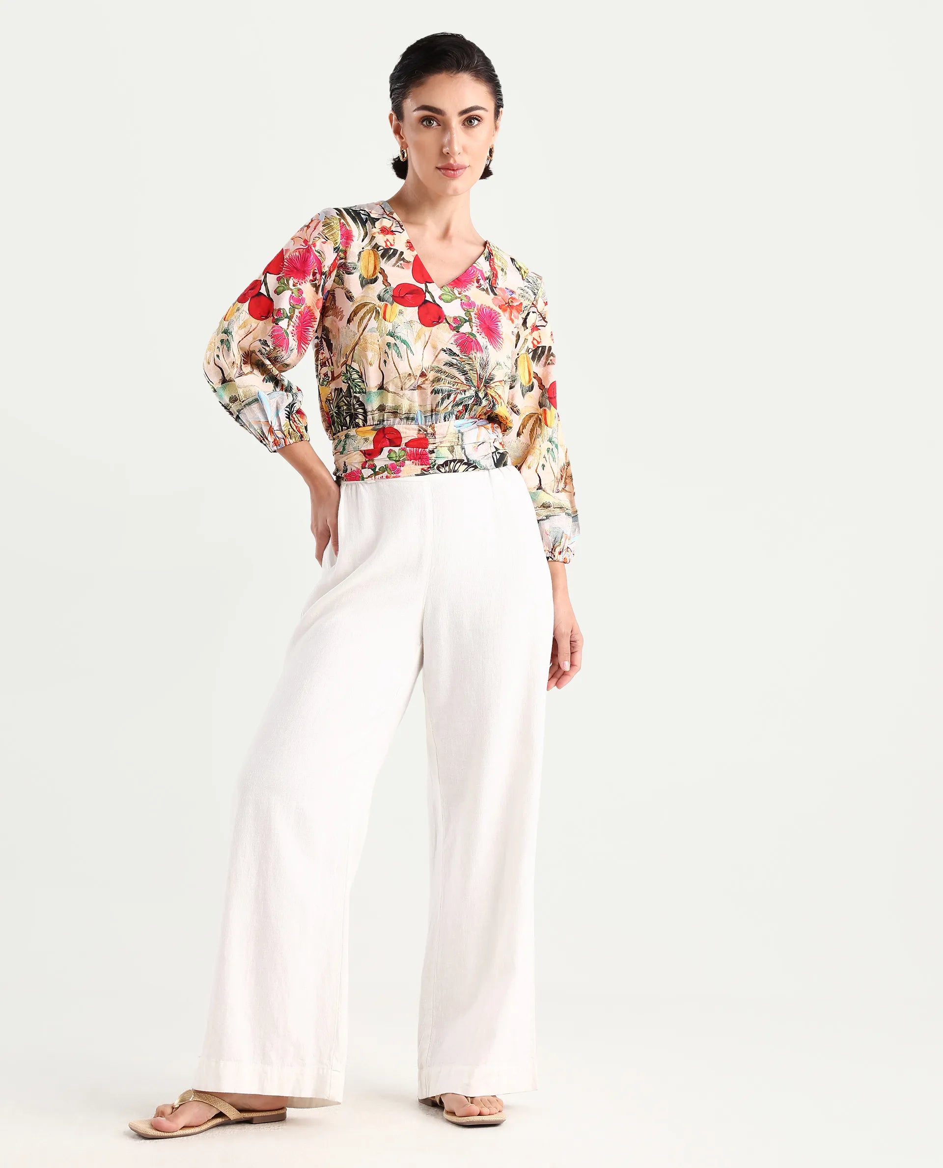 Rareism Women's Kenro Multi Nylon Blend V-Neck Tropical Print Bell Sleeve Crop Regular Fit Top