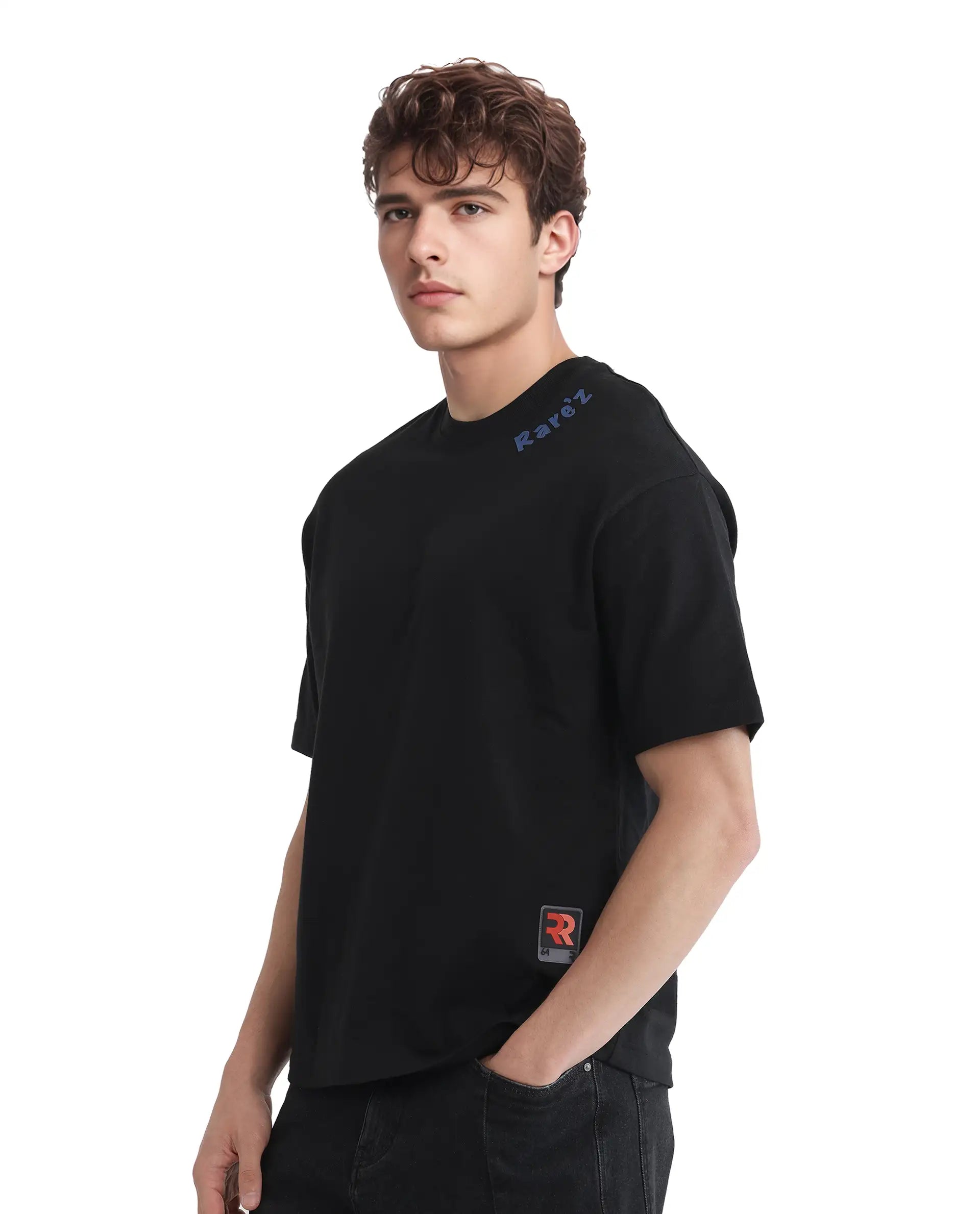 Rare Rabbit Men Kent Black Cotton Fabric Short Sleeve Crew Neck Oversized Fit Graphic Backprint T-Shirt