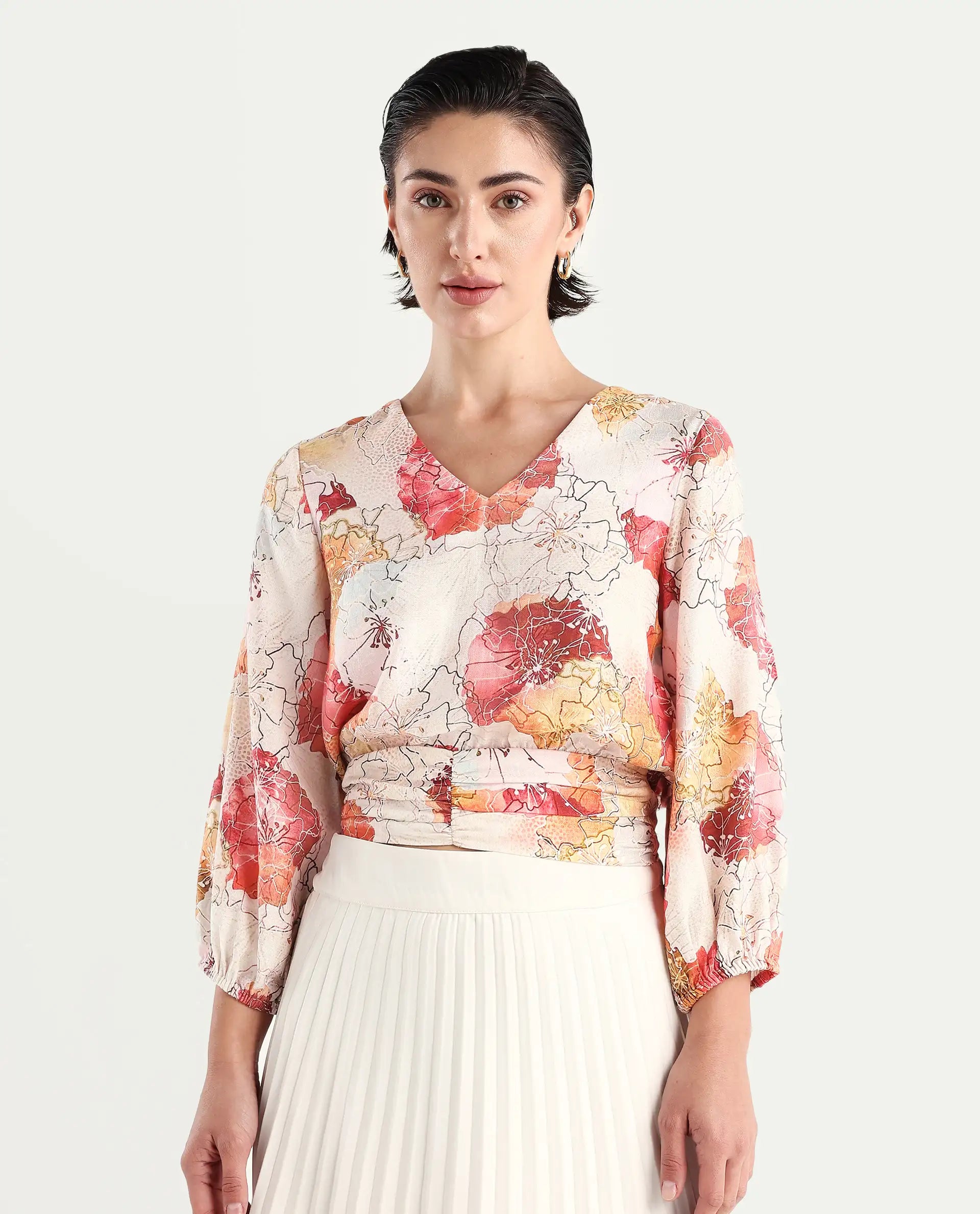 Rareism Women's Kently Multi Nylon Blend V-Neck Floral Print Bell Sleeve Crop Regular Fit Top