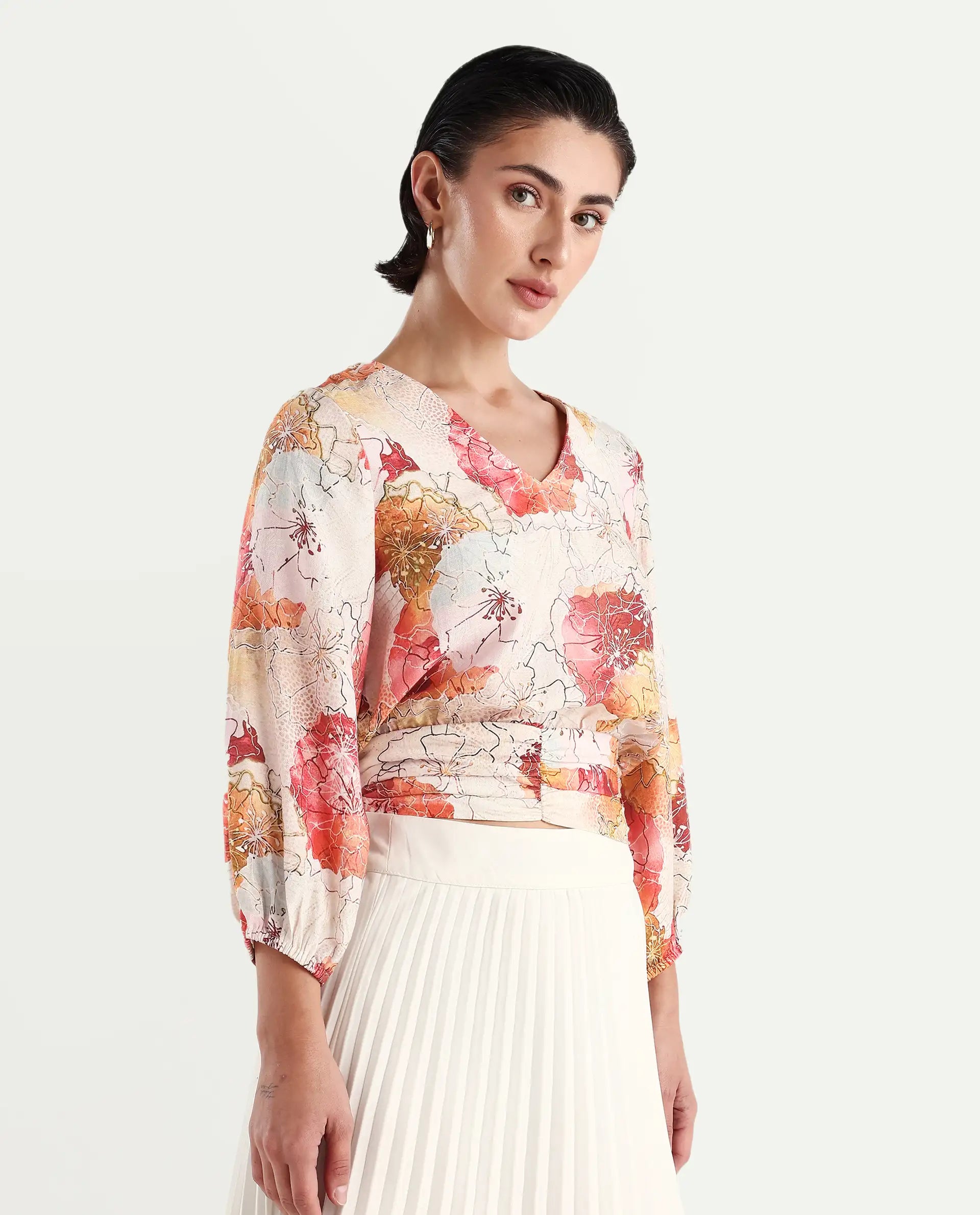 Rareism Women's Kently Multi Nylon Blend V-Neck Floral Print Bell Sleeve Crop Regular Fit Top