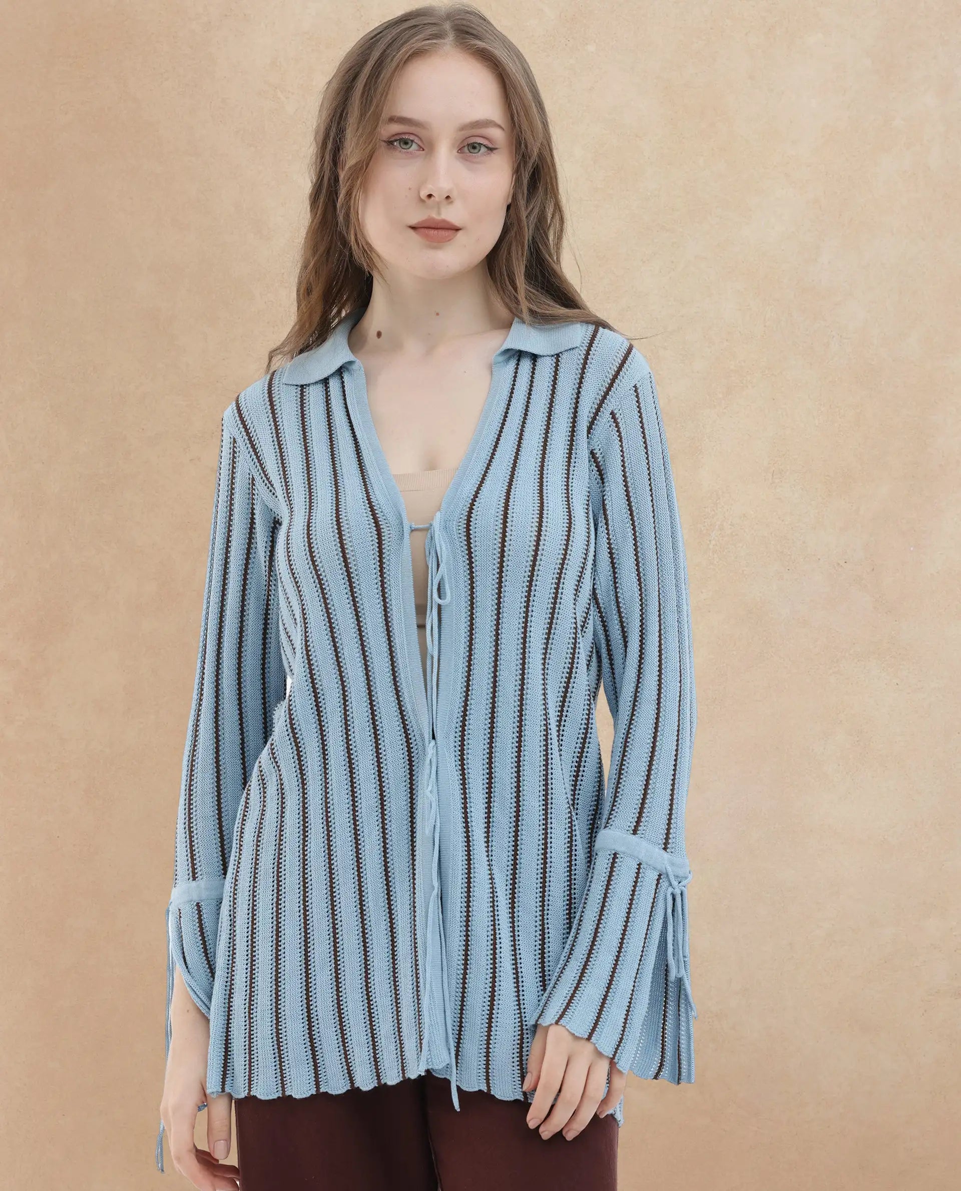 Rareism Women's Kentya Light Blue Viscose Johnny Collar Striped Regular Fit Shrug