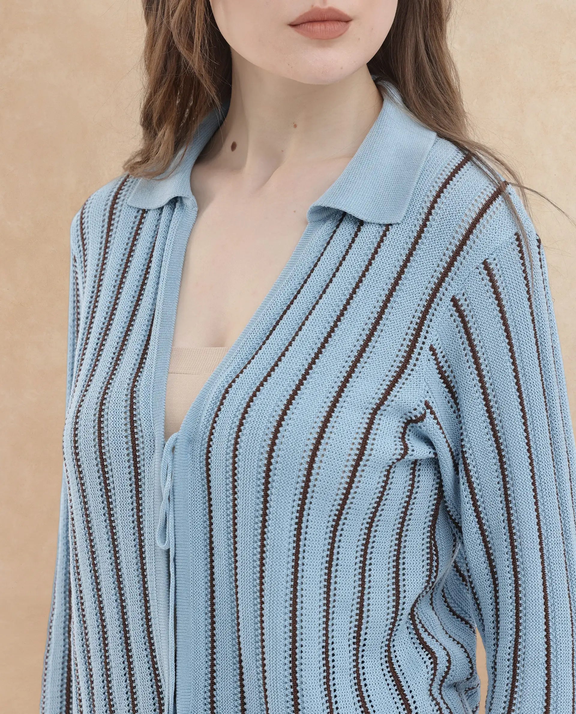 Rareism Women's Kentya Light Blue Viscose Johnny Collar Striped Regular Fit Shrug