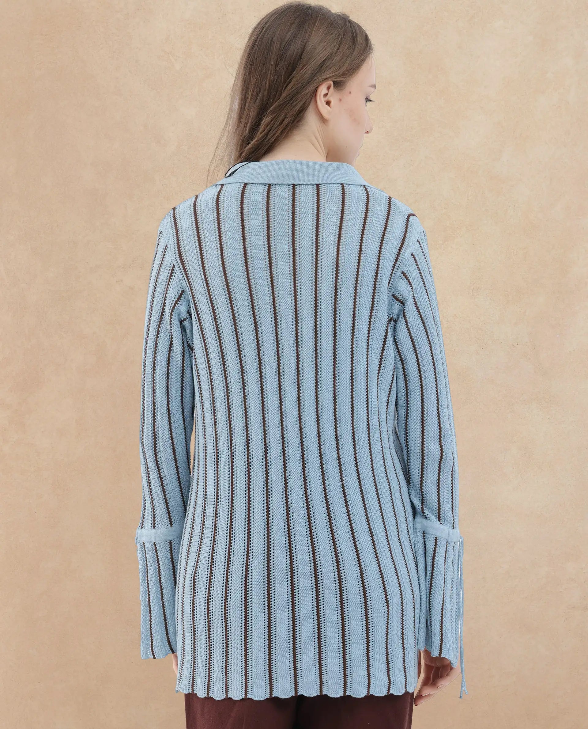Rareism Women's Kentya Light Blue Viscose Johnny Collar Striped Regular Fit Shrug