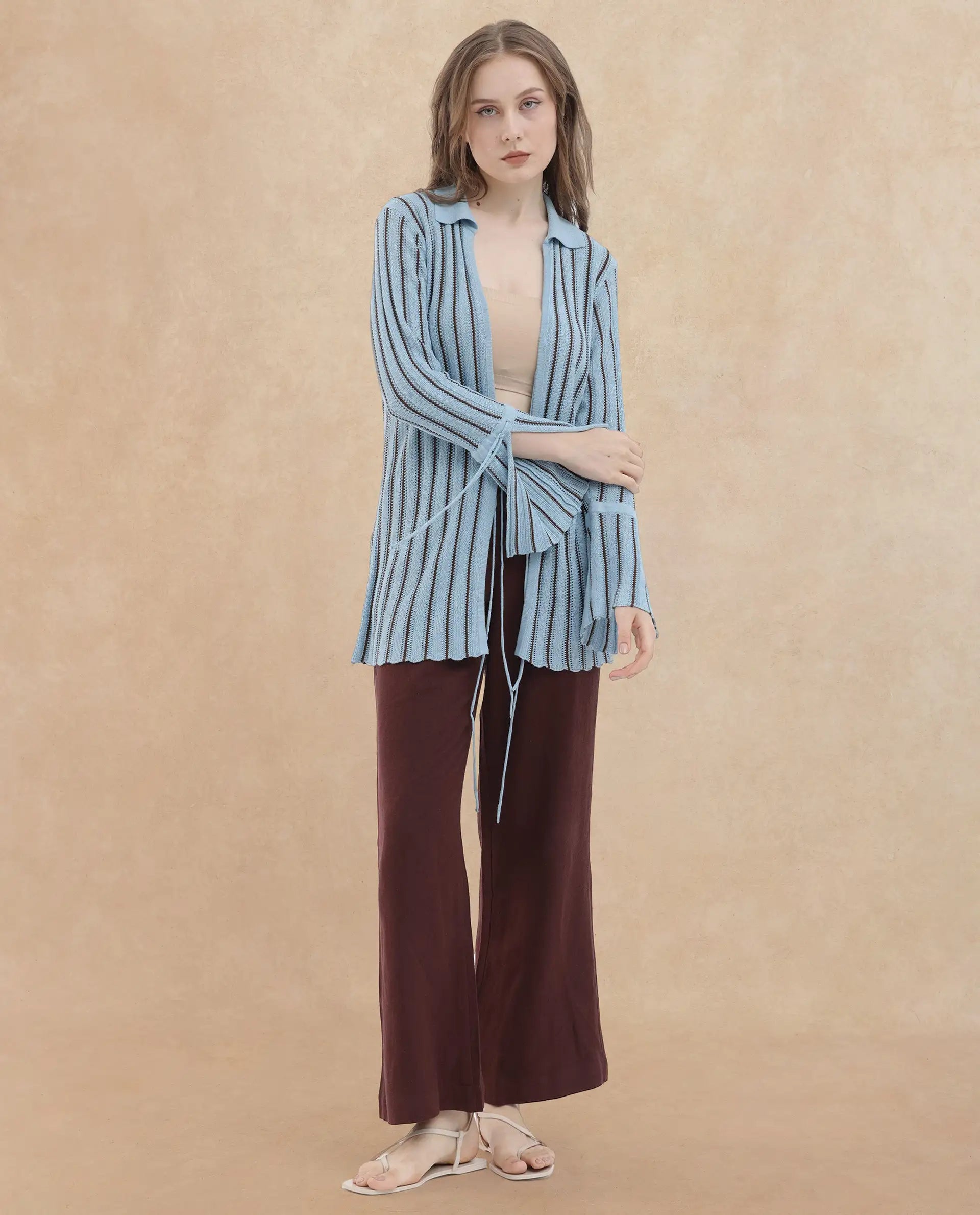 Rareism Women's Kentya Light Blue Viscose Johnny Collar Striped Regular Fit Shrug