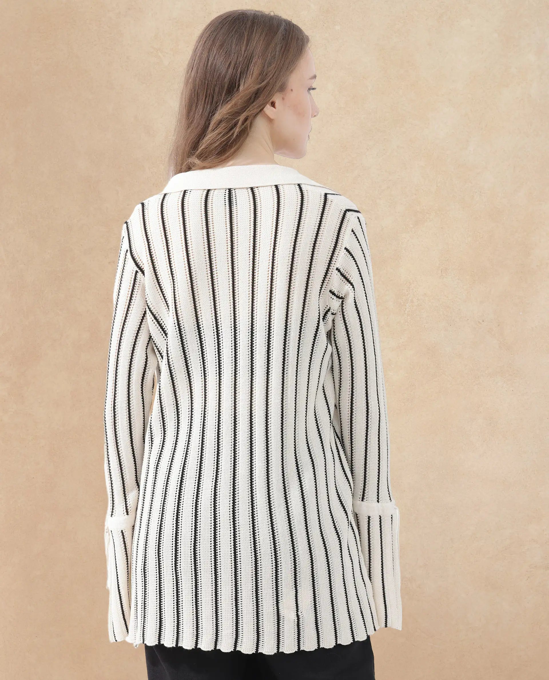 Rareism Women's Kentya White Viscose Johnny Collar Striped Regular Fit Shrug