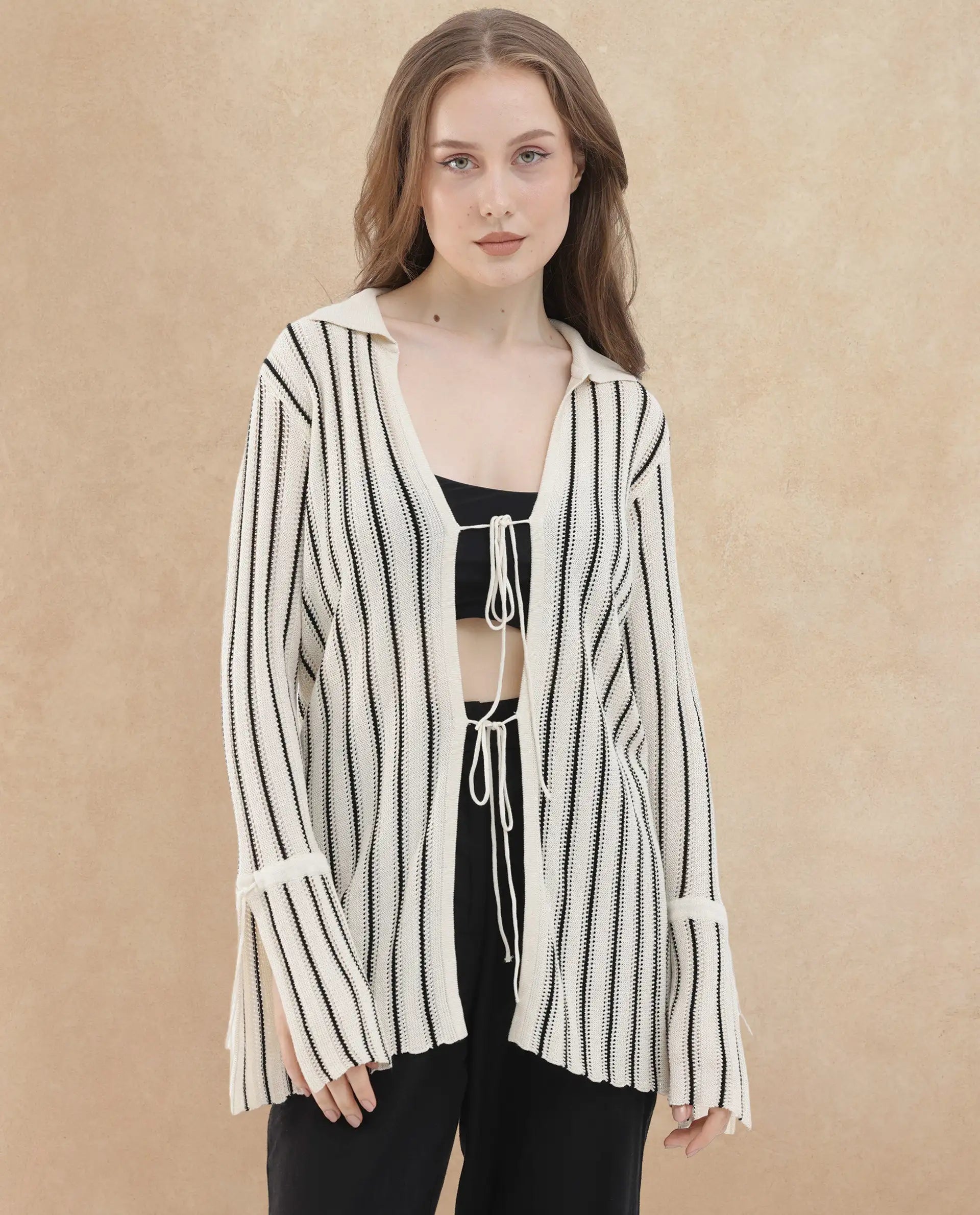 Rareism Women's Kentya White Viscose Johnny Collar Striped Regular Fit Shrug