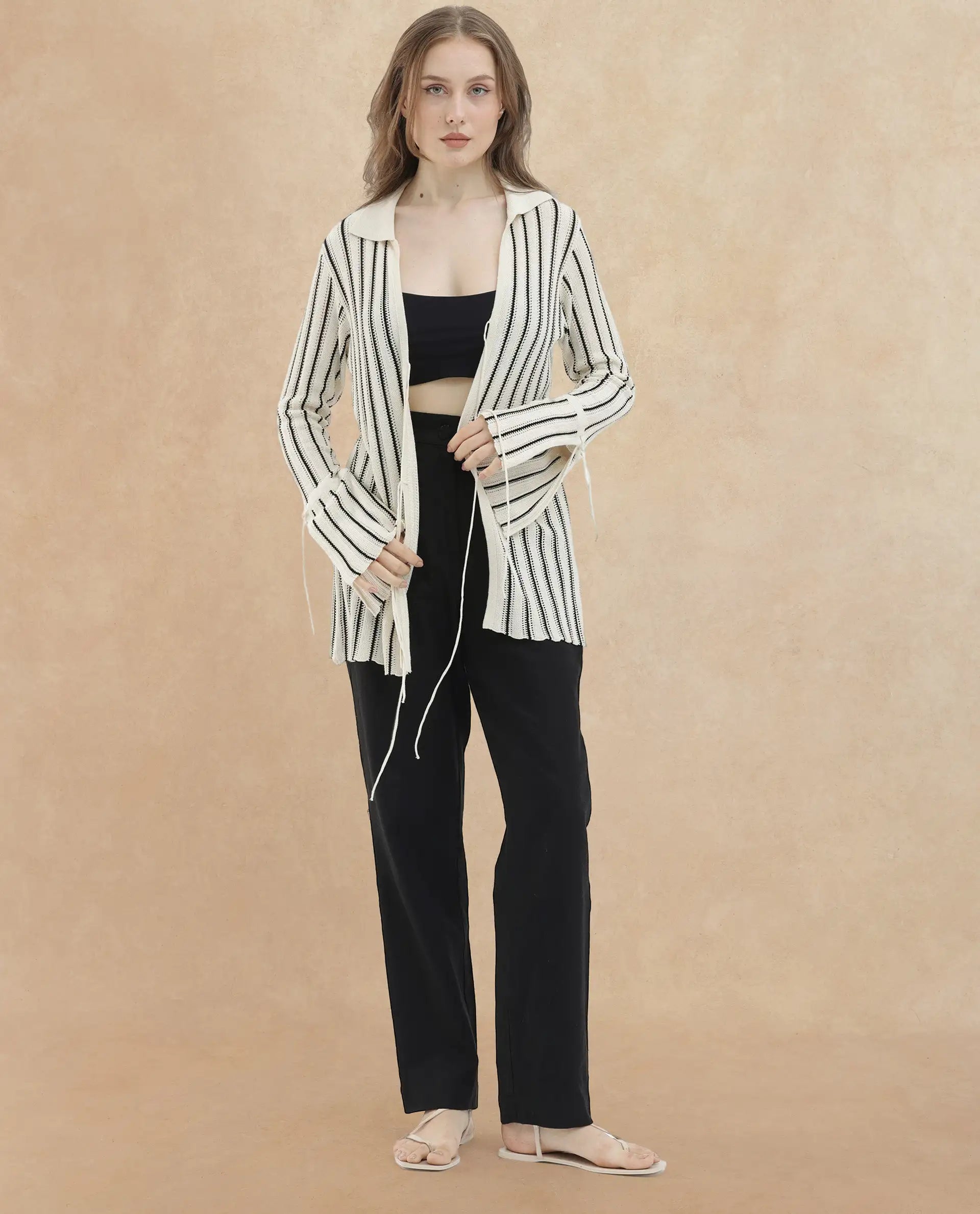 Rareism Women's Kentya White Viscose Johnny Collar Striped Regular Fit Shrug