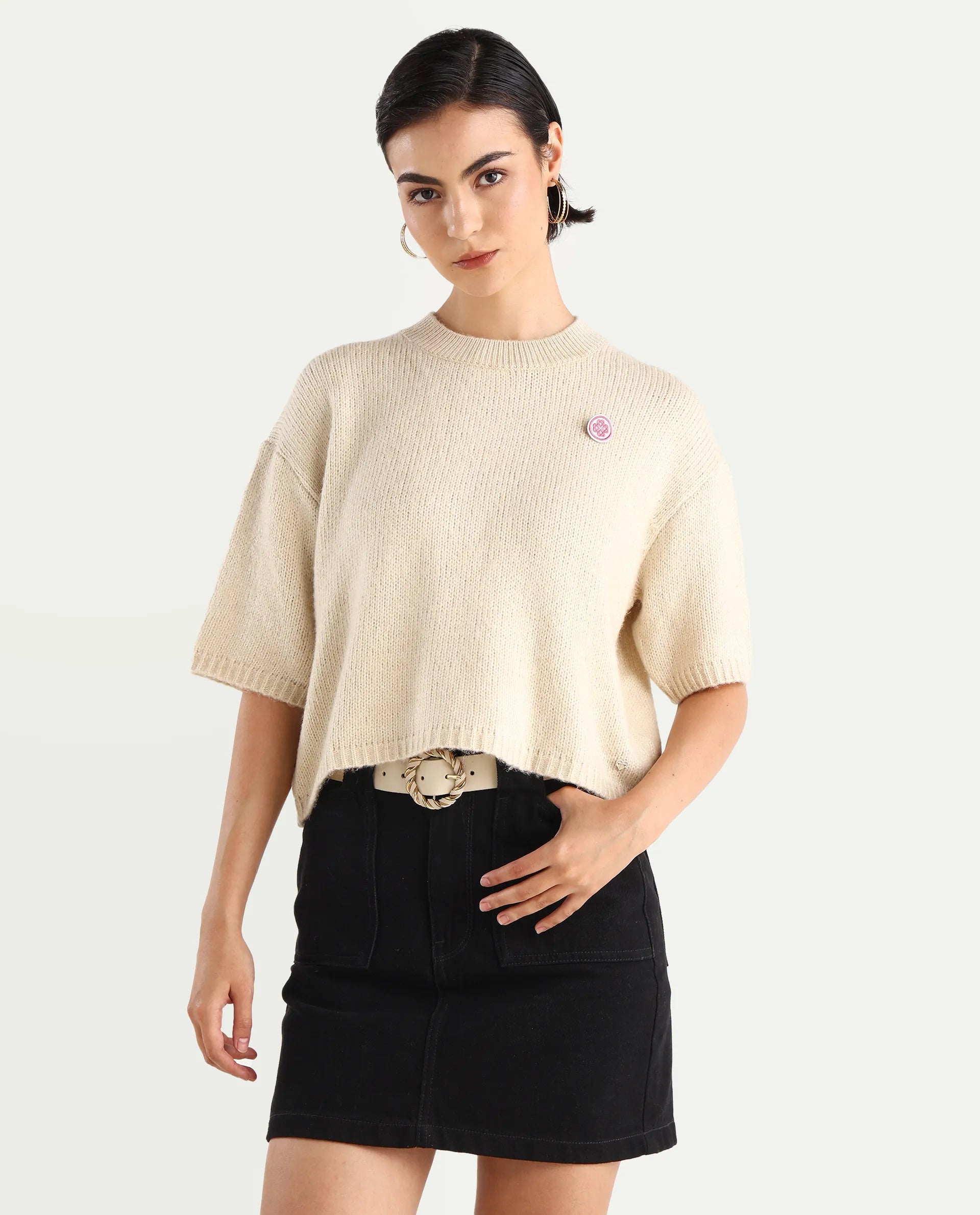 Rareism Women's Kenty Light Beige Acrylic Crew Neck Striped Crop Relaxed Fit Sweater