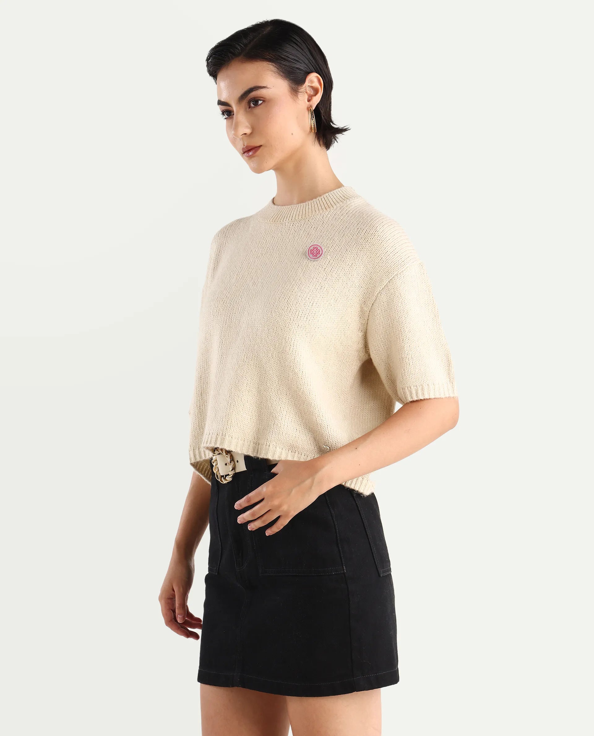 Rareism Women's Kenty Light Beige Acrylic Crew Neck Striped Crop Relaxed Fit Sweater