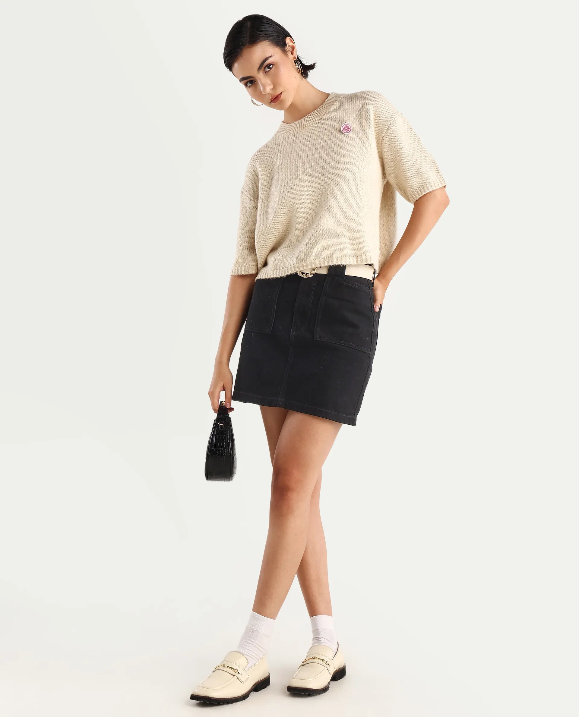 Rareism Women's Kenty Light Beige Acrylic Crew Neck Striped Crop Relaxed Fit Sweater