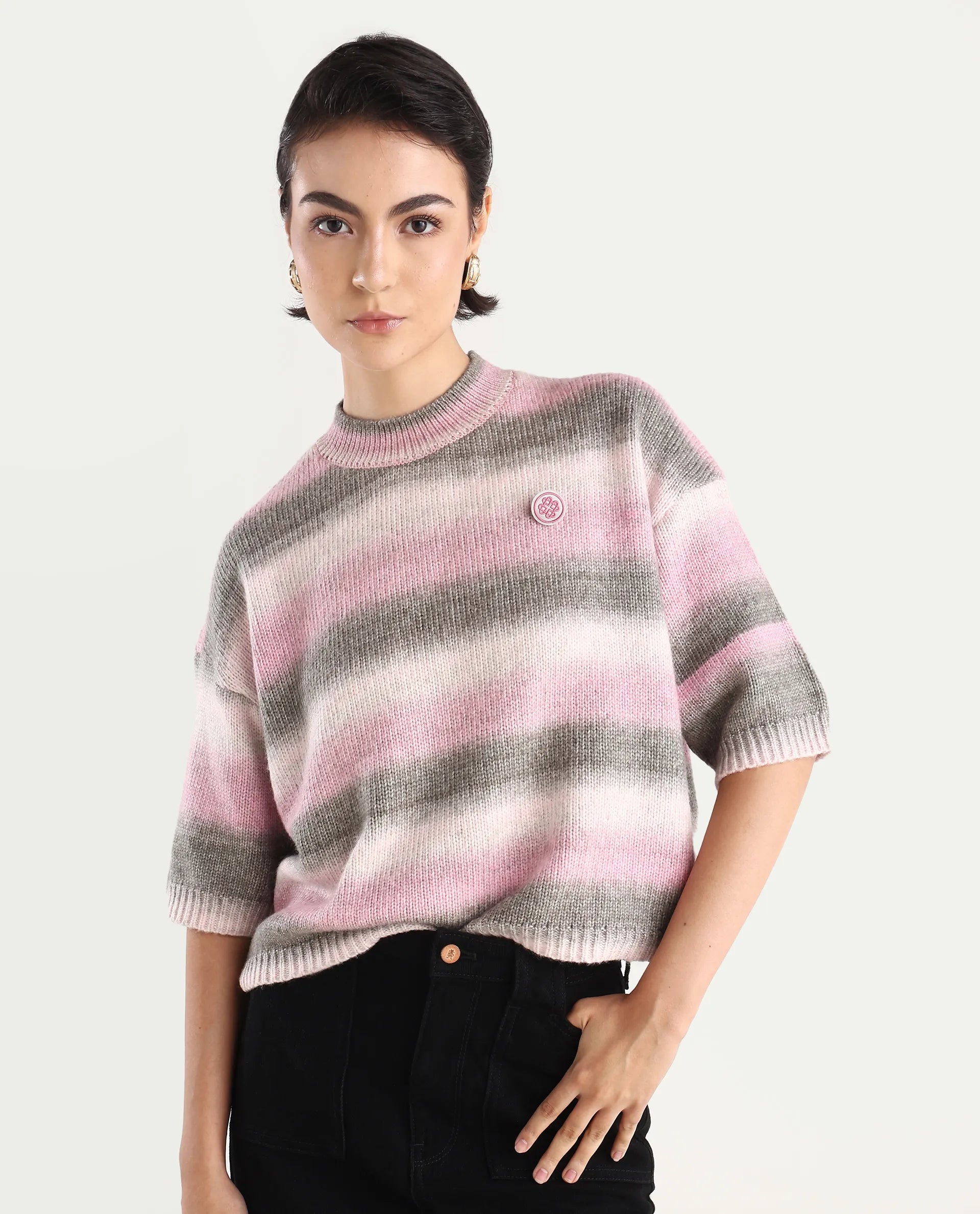 Rareism Women's Kenty Pink Acrylic Crew Neck Striped Crop Relaxed Fit Sweater