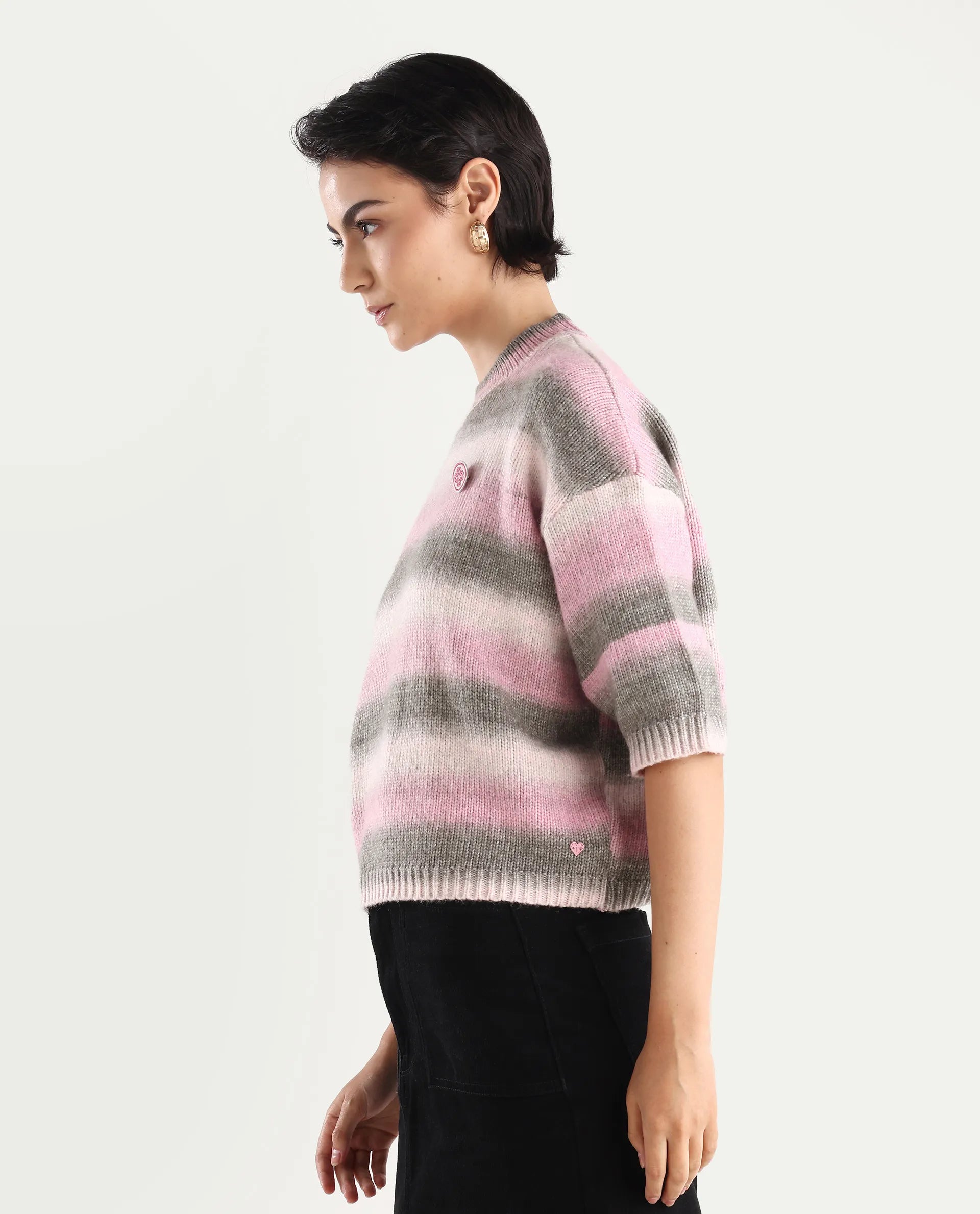 Rareism Women's Kenty Pink Acrylic Crew Neck Striped Crop Relaxed Fit Sweater