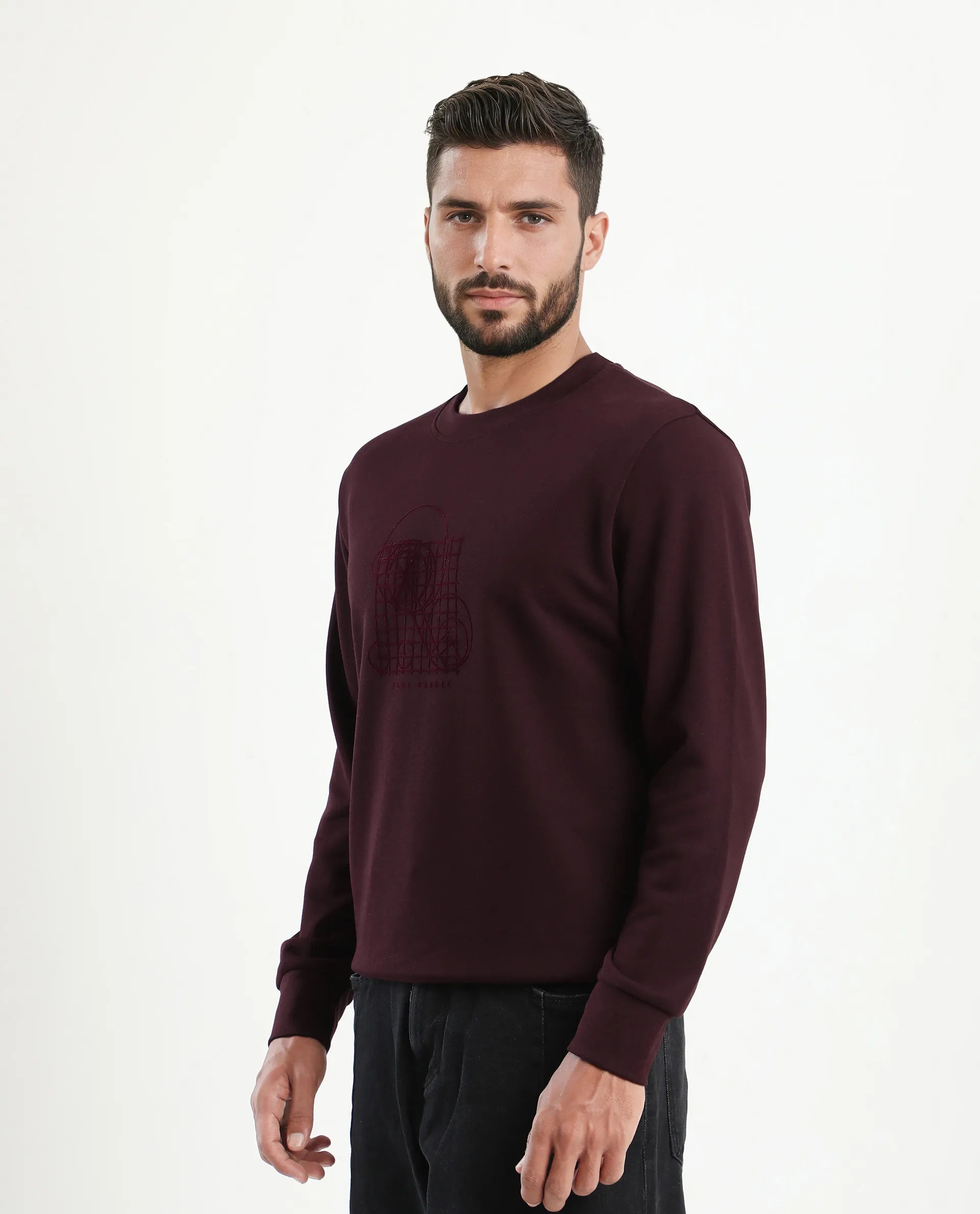 Rare Rabbit Men's Kend Dark Maroon Cotton Blend Graphic Print Regular Fit Full Sleeve Crew Neck Sweatshirt