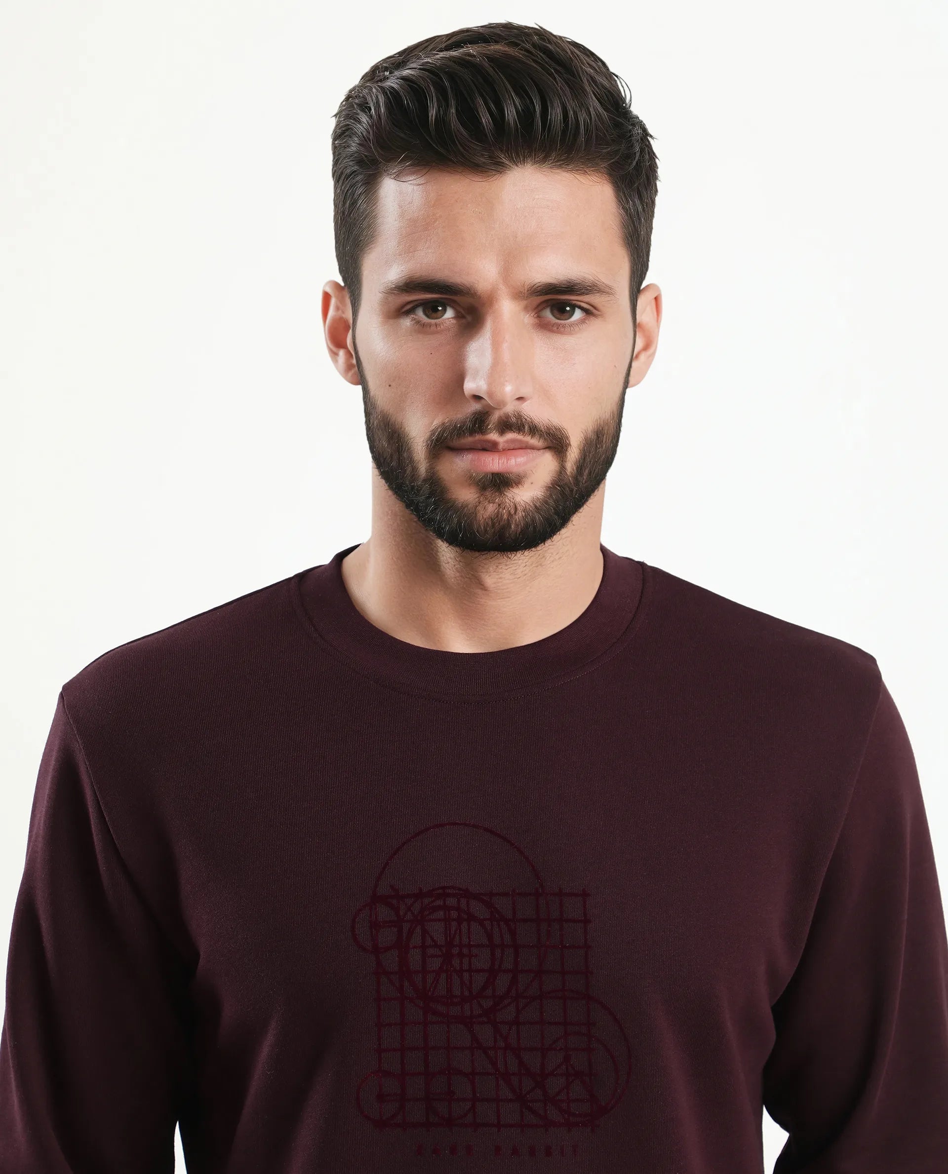Rare Rabbit Men's Kend Dark Maroon Cotton Blend Graphic Print Regular Fit Full Sleeve Crew Neck Sweatshirt