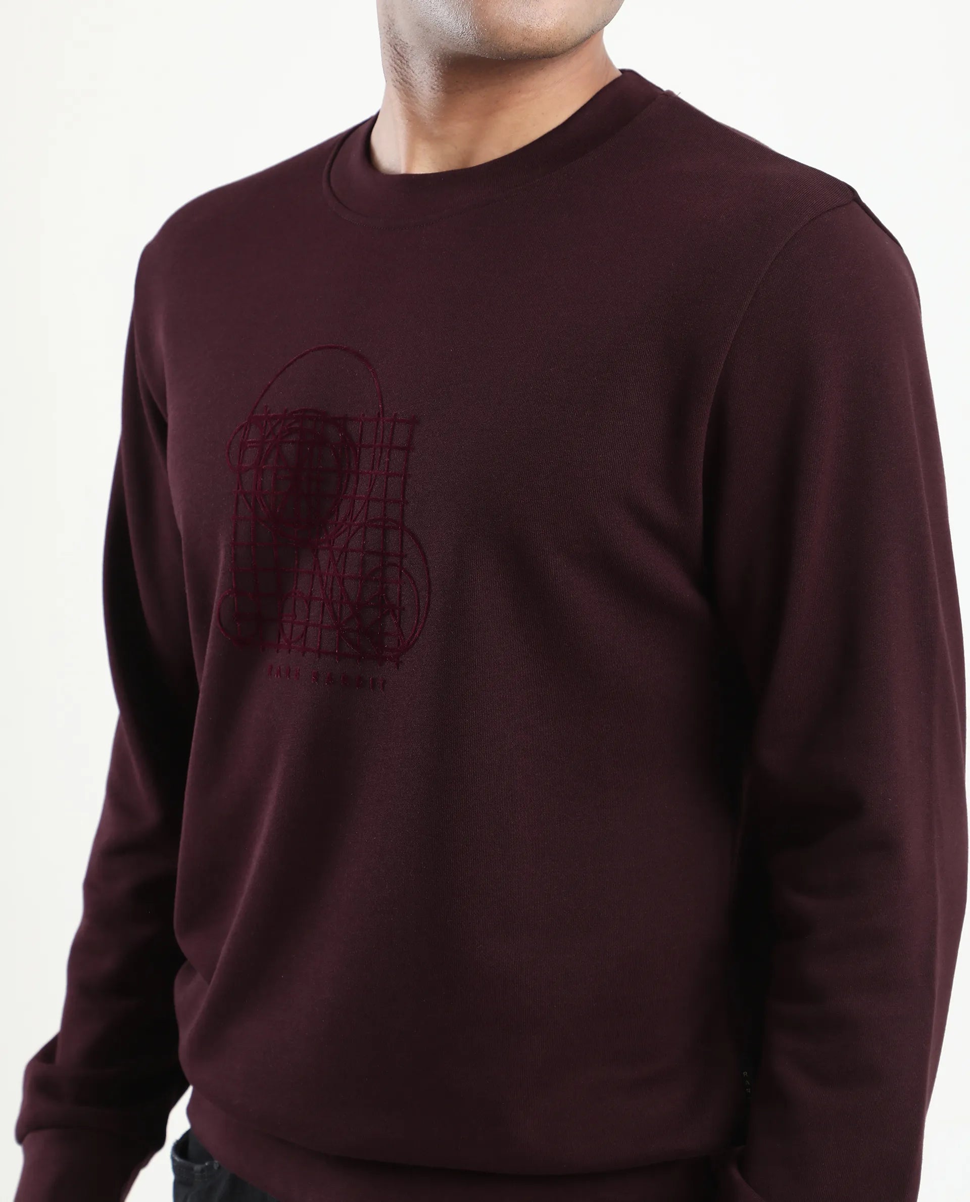 Rare Rabbit Men's Kend Dark Maroon Cotton Blend Graphic Print Regular Fit Full Sleeve Crew Neck Sweatshirt