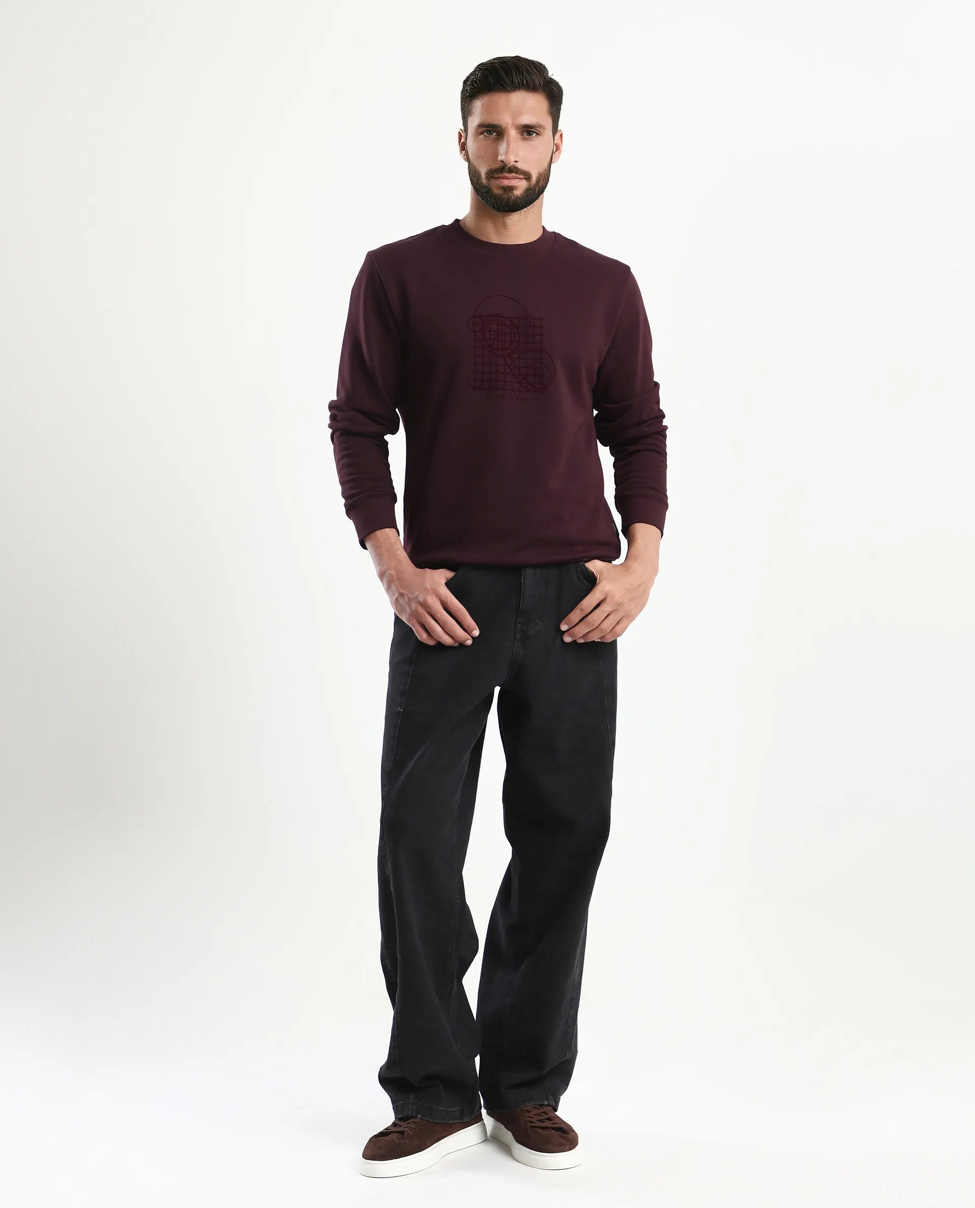 Rare Rabbit Men's Kend Dark Maroon Cotton Blend Graphic Print Regular Fit Full Sleeve Crew Neck Sweatshirt