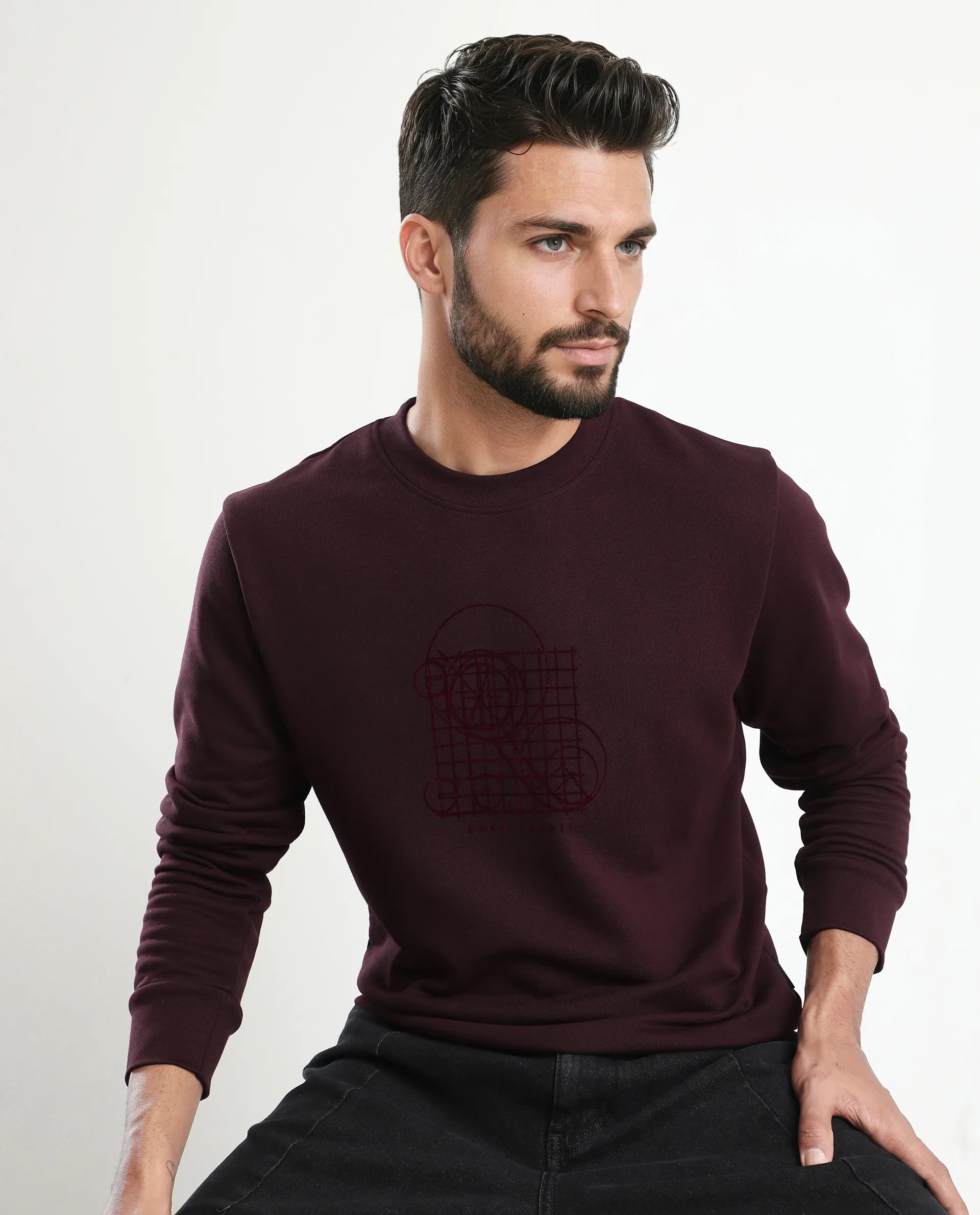 Rare Rabbit Men's Kend Dark Maroon Cotton Blend Graphic Print Regular Fit Full Sleeve Crew Neck Sweatshirt