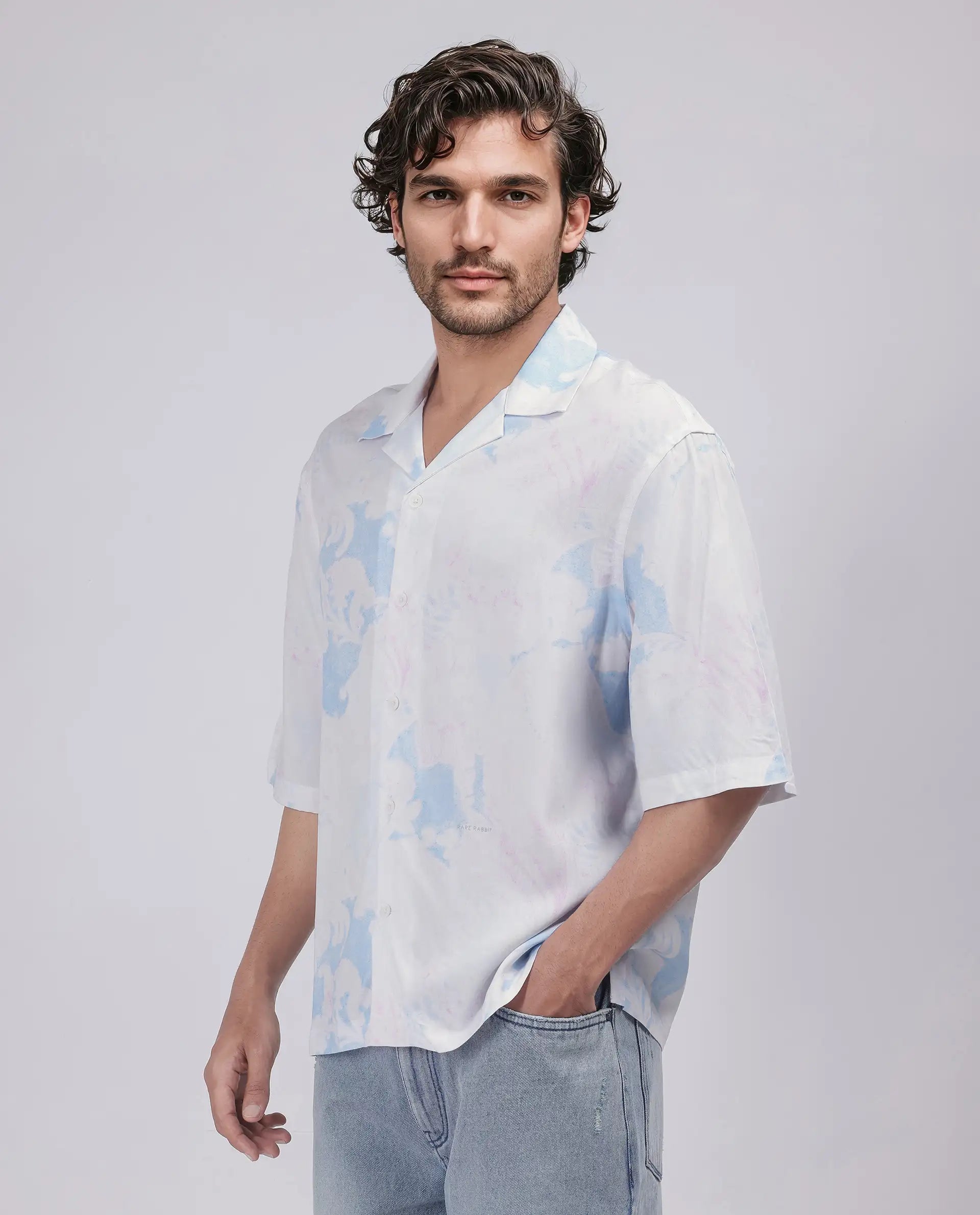 Rare Rabbit Men's Ken White Viscose Fabric Half Sleeve Cuban Collar Boxy Fit Abstract Print Shirt