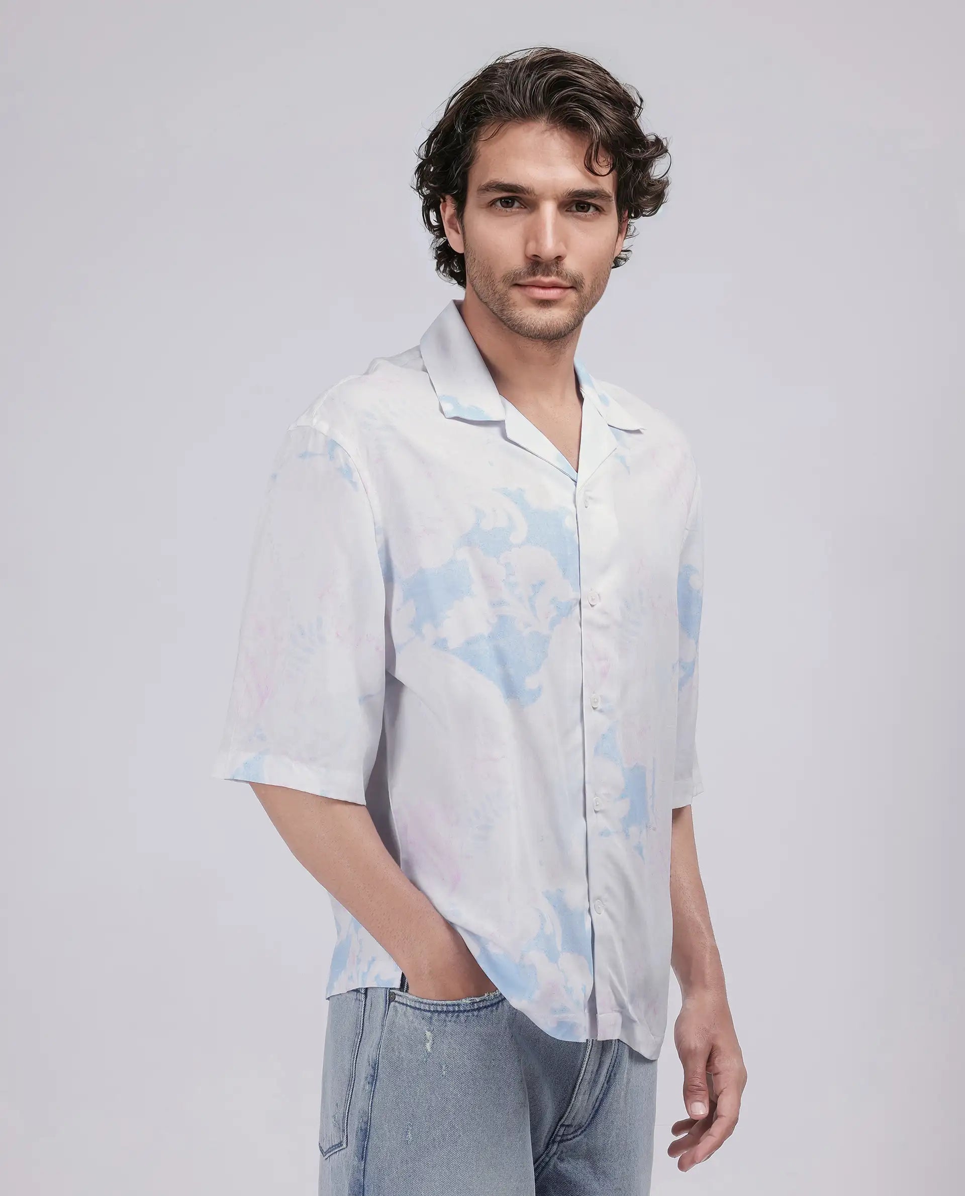 Rare Rabbit Men's Ken White Viscose Fabric Half Sleeve Cuban Collar Boxy Fit Abstract Print Shirt