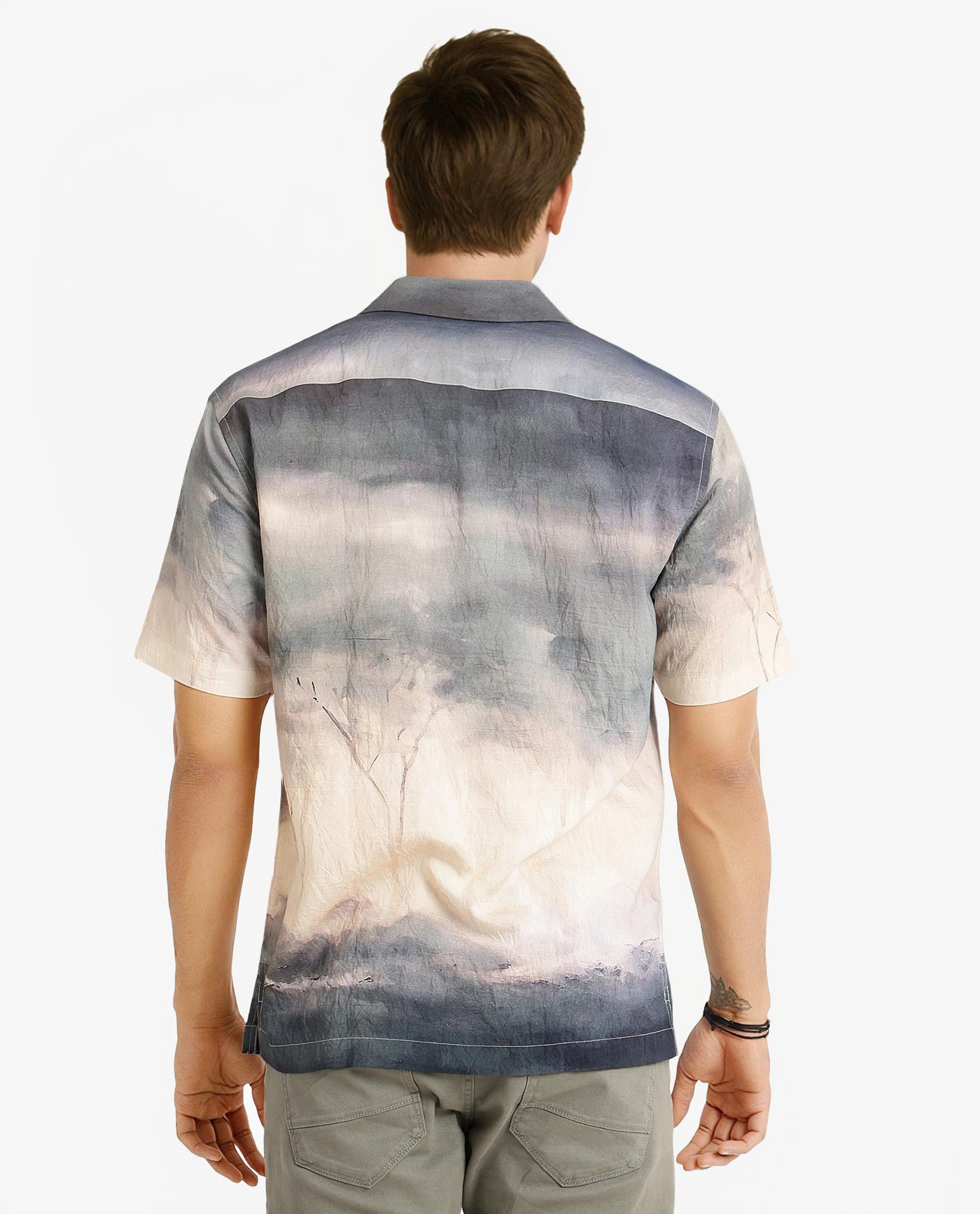 Rare Rabbit Men Kenya Dusky Green Viscose Nylon Fabric Cuban Collar Short Sleeve Boxy Fit Animal Placement Print Shirt